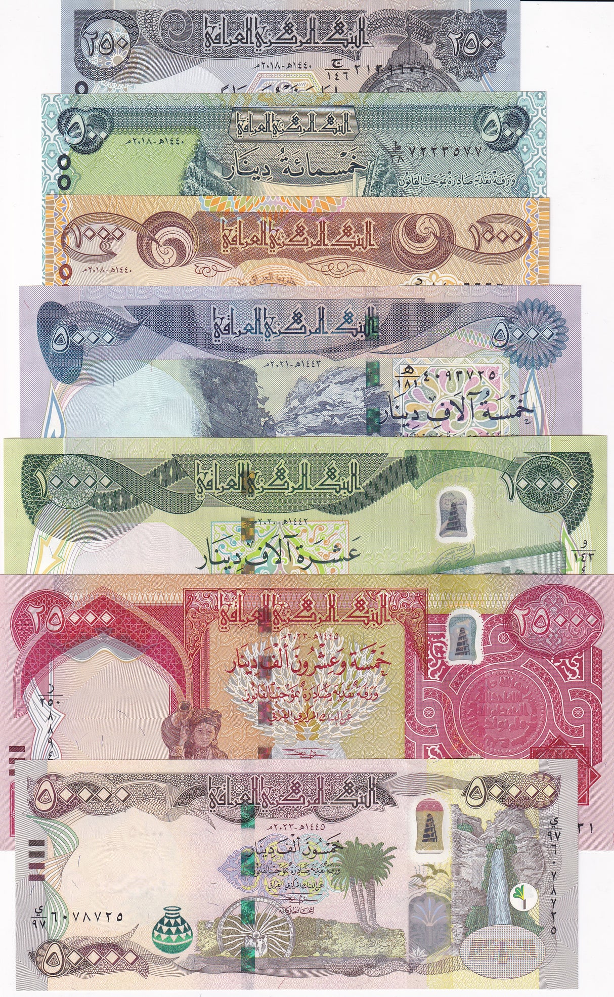 Iraq SET 7 UNC 250-25000 50000 Dinars ND 2018-2024 P 97 98 100 101 102 103 104