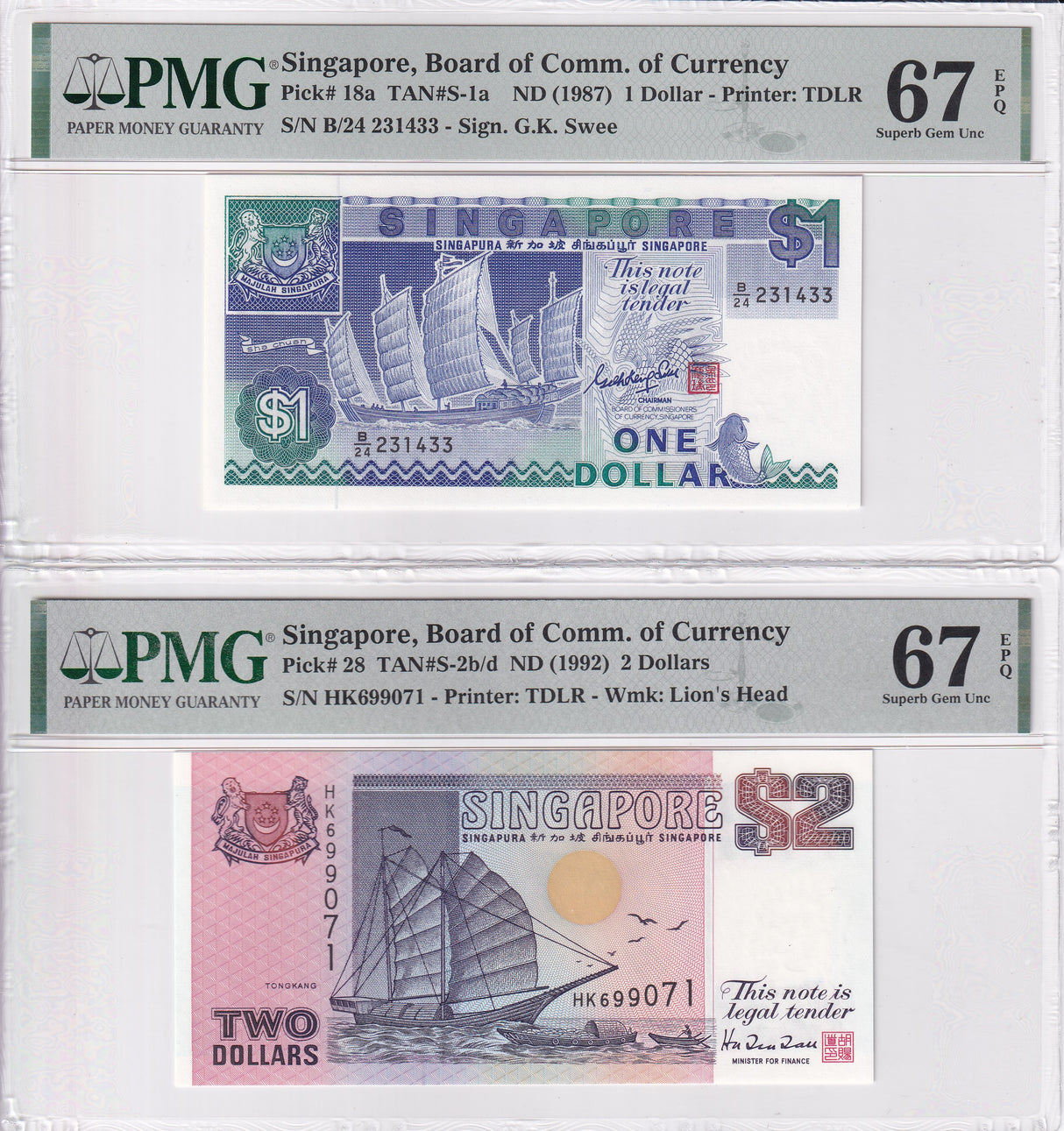 Singapore Set 2; 1 2 Dollars ND 1992 P 18 P 28 Superb Gem UNC PMG 67 EPQ