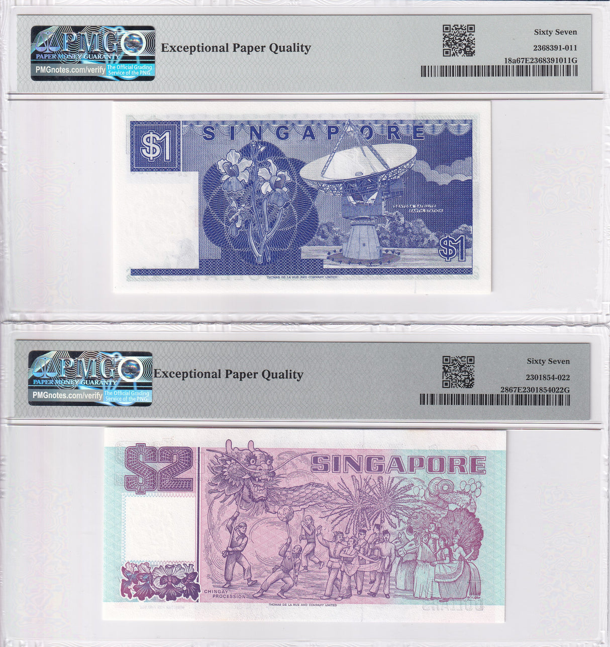 Singapore Set 2; 1 2 Dollars ND 1992 P 18 P 28 Superb Gem UNC PMG 67 EPQ