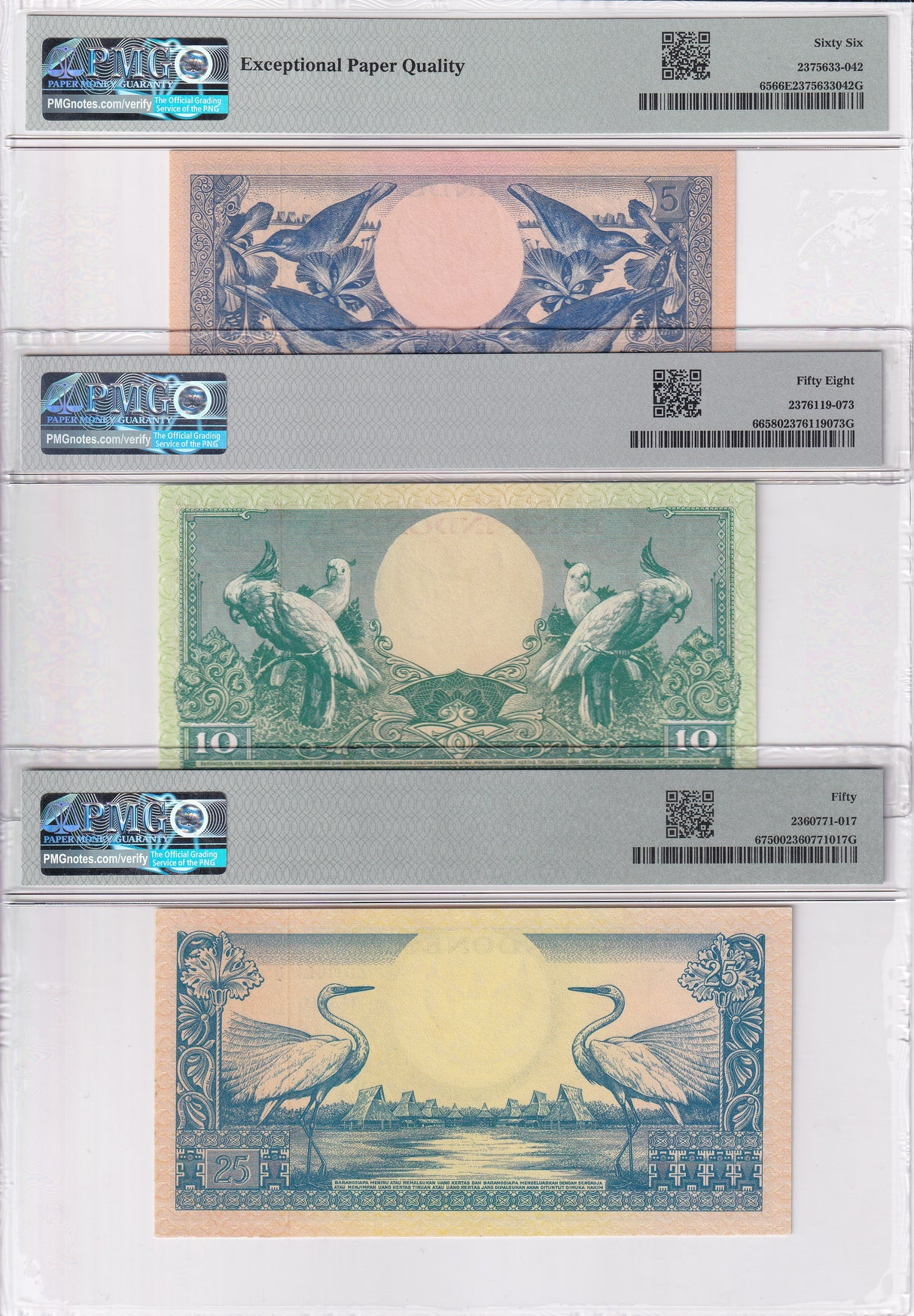 Indonesia Set 3; 5 10 25 Rupiah 1959 P 65 66 67 Choice UNC PMG 50 58 66