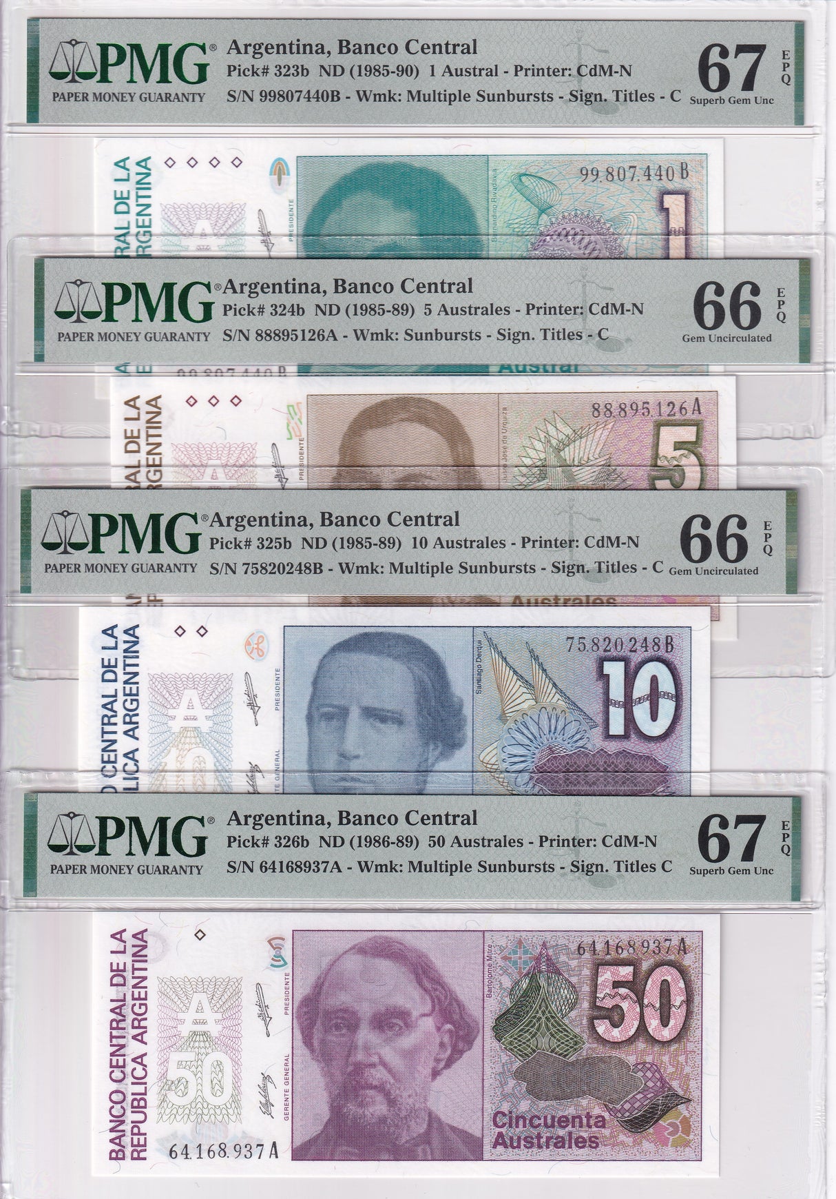 Argentina Set 4; 1-10 50 Austral ND 1985 P 323- 326 Superb Gem UNC PMG 66 67 EPQ