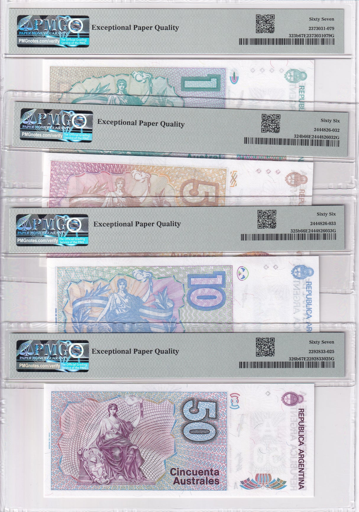 Argentina Set 4; 1-10 50 Austral ND 1985 P 323- 326 Superb Gem UNC PMG 66 67 EPQ