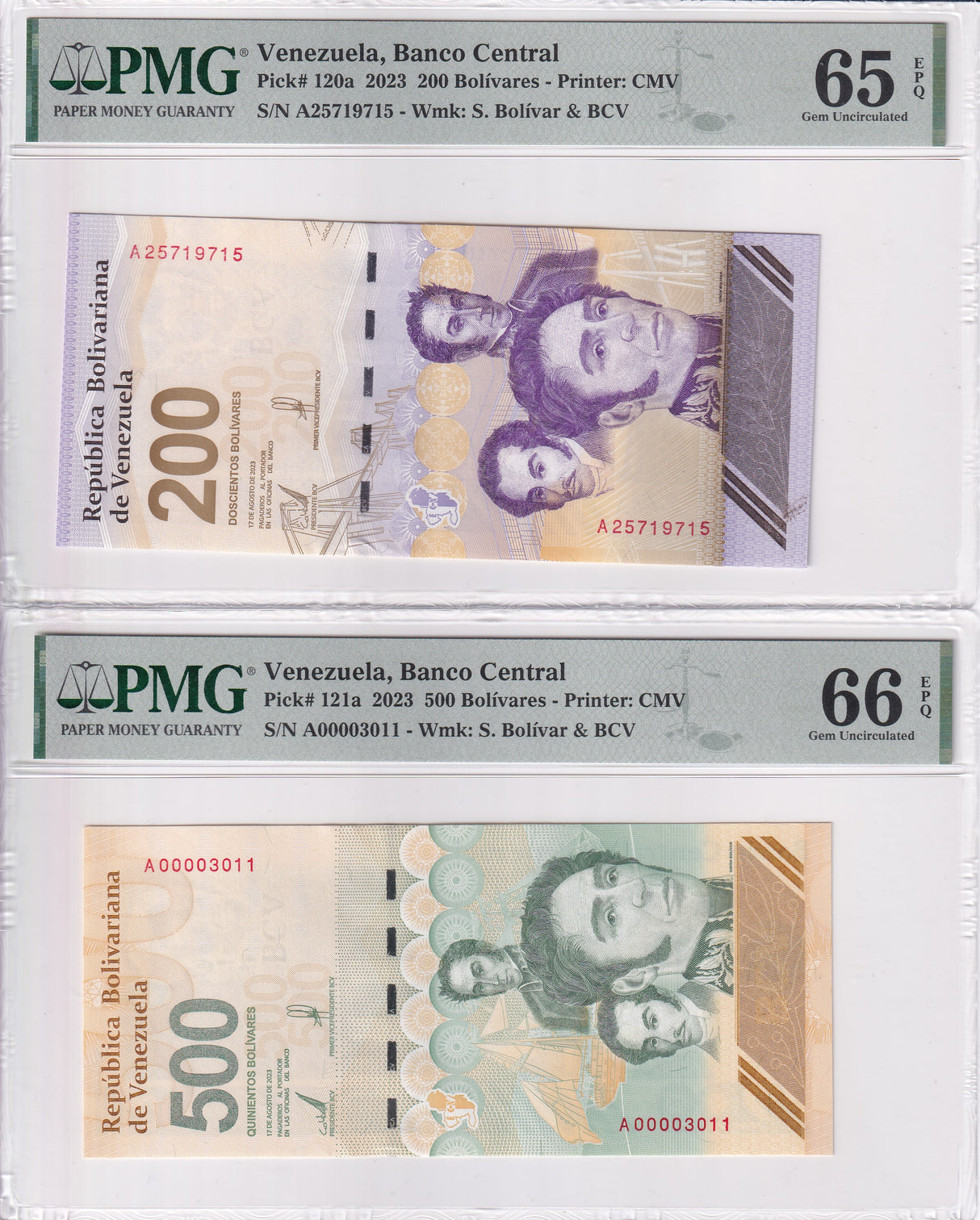 Venezuela Set 2, 200 500 Bolivares Digitales 2023 P120-121 Gem UNC PMG 65 66 EPQ