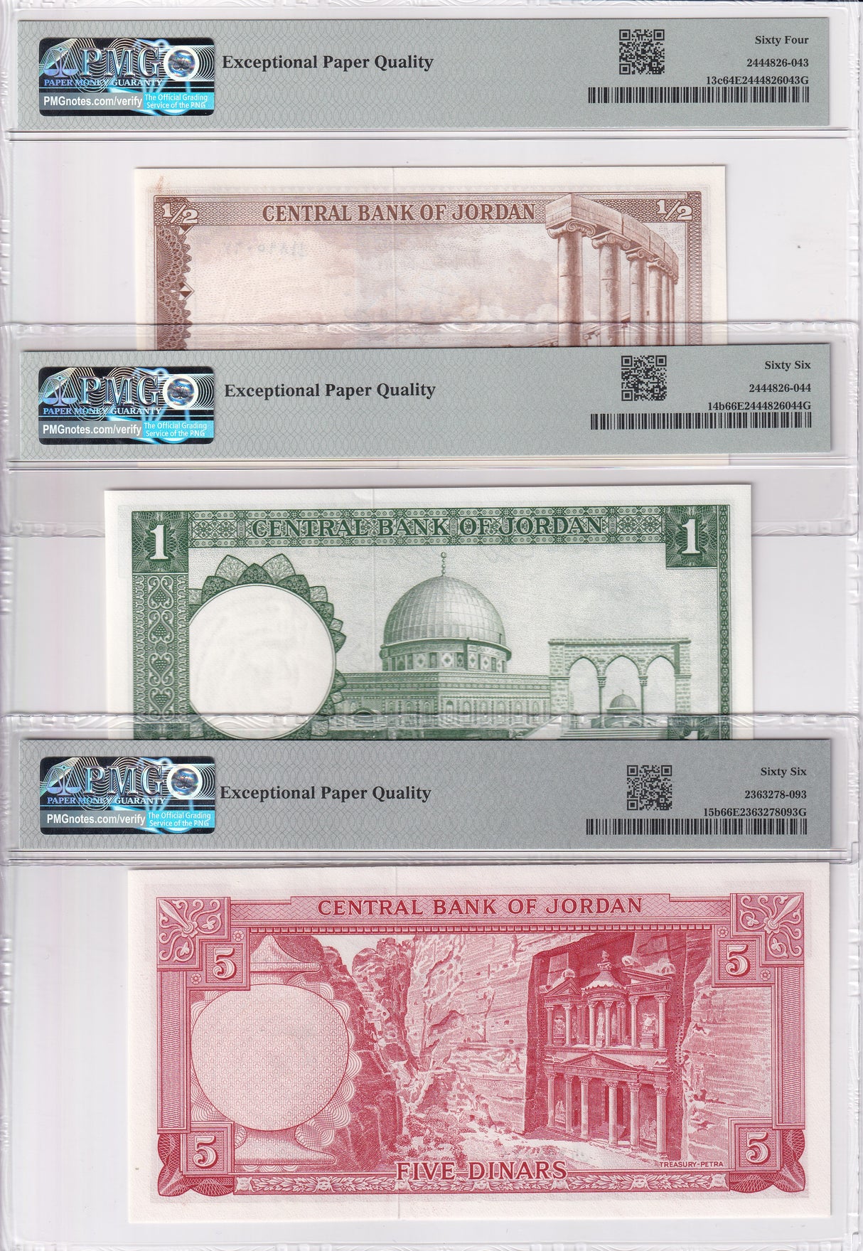Jordan Set 3 Pcs 1/2 1 5 Dinars ND 1959 P 13 P 14 P 15 Gem UNC PMG 64 66 EPQ
