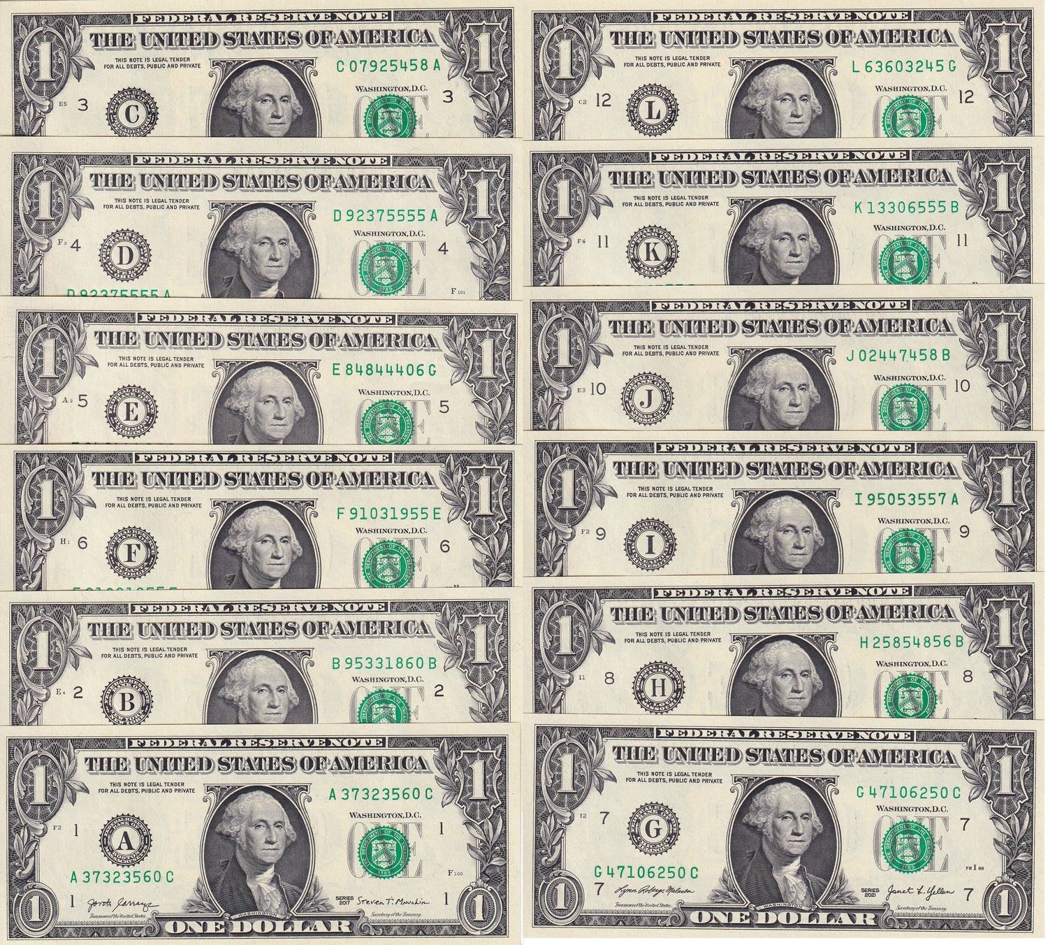 United States FULL SET 12 UNC 1 Dollar USA FRN A B C D E F G H I J K L 2006-2021