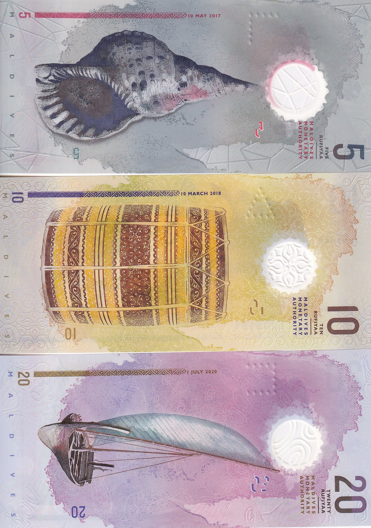 Maldives Set 3 UNC 5 10 20 Rufiyaa Random Year Polymer P 26A (A26) 26 27