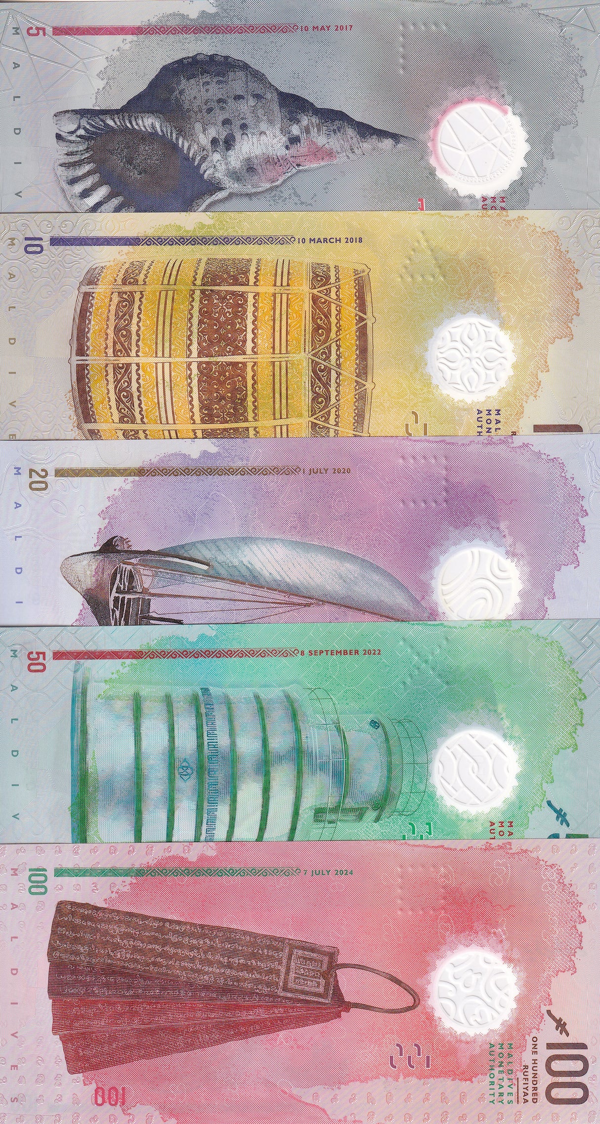 Maldives Set 5 UNC 5 10 20 50 100 Rufiyaa Random Year Polymer P A26 26-35 36