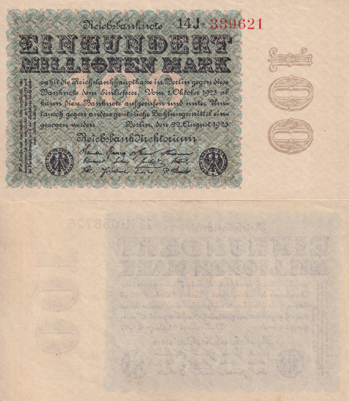 GERMANY 100 MILLION MARK 1923 P 107 d AUNC