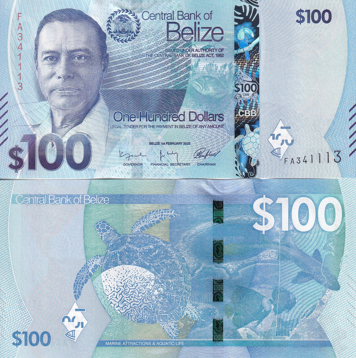 Belize 100 Dollars 2025 P 78 NEW Design Aquatic Shark Hawksbill UNC
