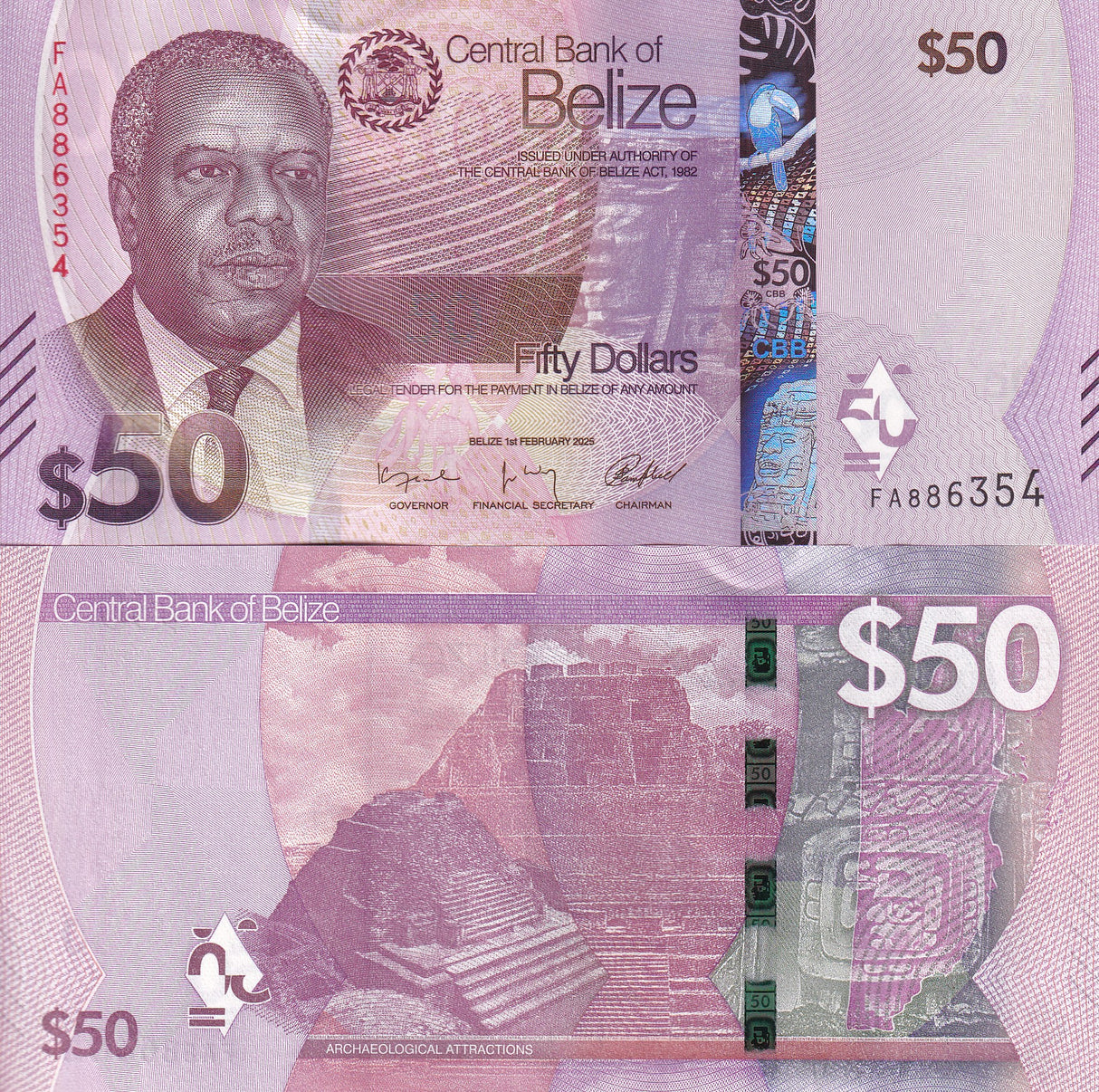 Belize 50 Dollars 2025 P 77 NEW Design Archaeological UNC