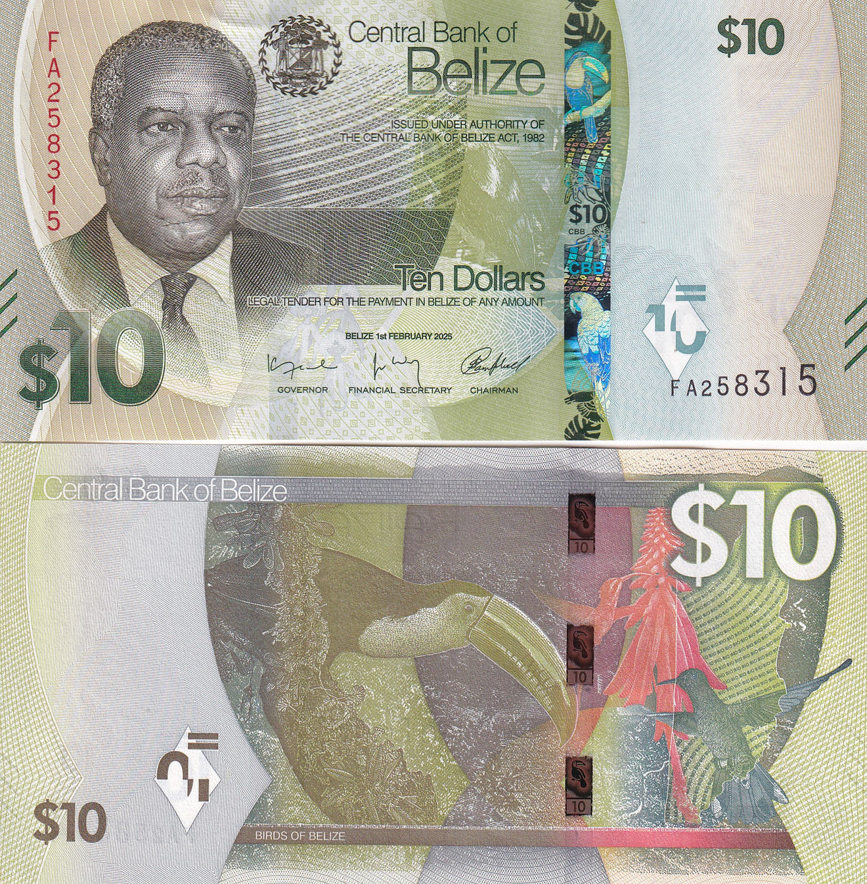 Belize 10 Dollars 2025 P 75 NEW Design Birds hornbill UNC