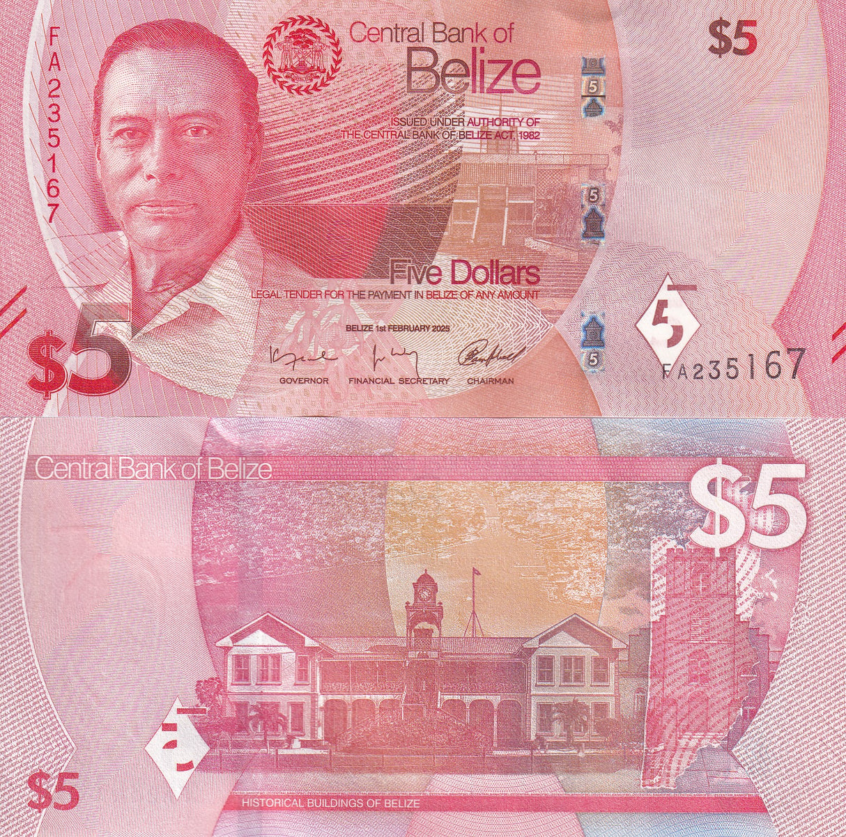 Belize 5 Dollars 2025 P 74 NEW Design UNC