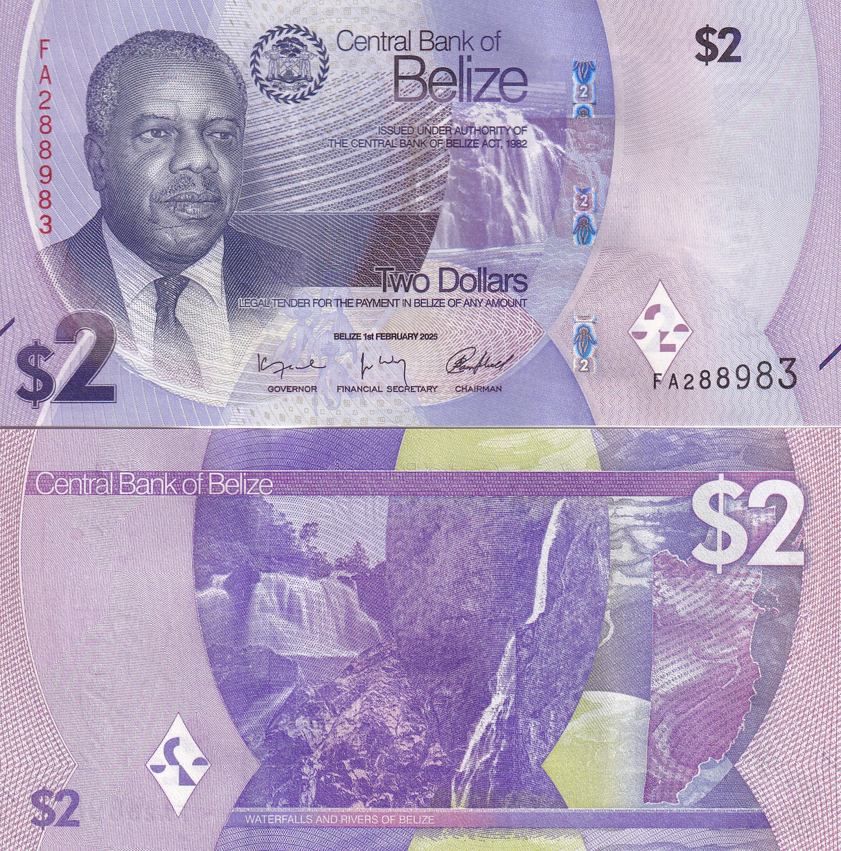 Belize 2 Dollars 2025 P 73 NEW Design Waterfalls UNC