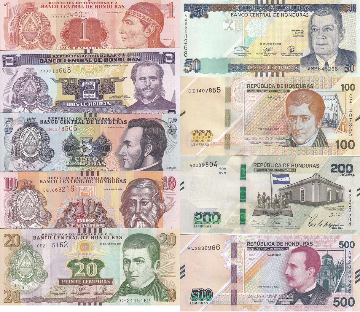 Honduras Set 9 Pcs 1-500 Lempiras Random Year P 96 97 98 99 100-105 UNC