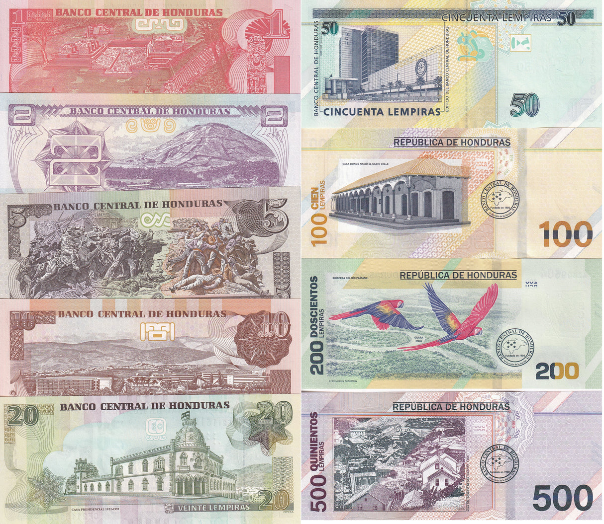 Honduras Set 9 Pcs 1-500 Lempiras Random Year P 96 97 98 99 100-105 UNC