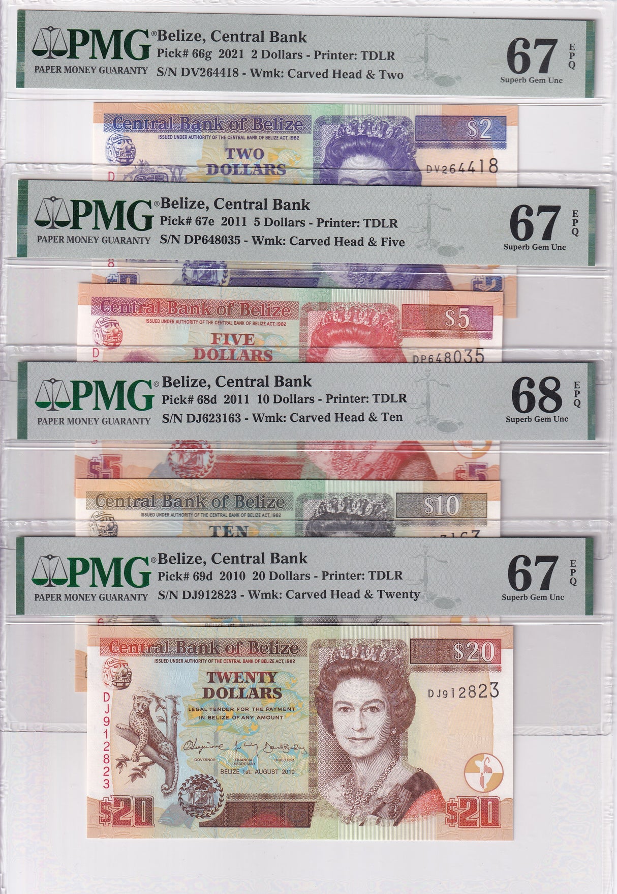 Belize Set 4; 2 5 10 20 Dollars 2010-2021 P 66-P 69 Superb Gem UNC PMG 67 68 EPQ