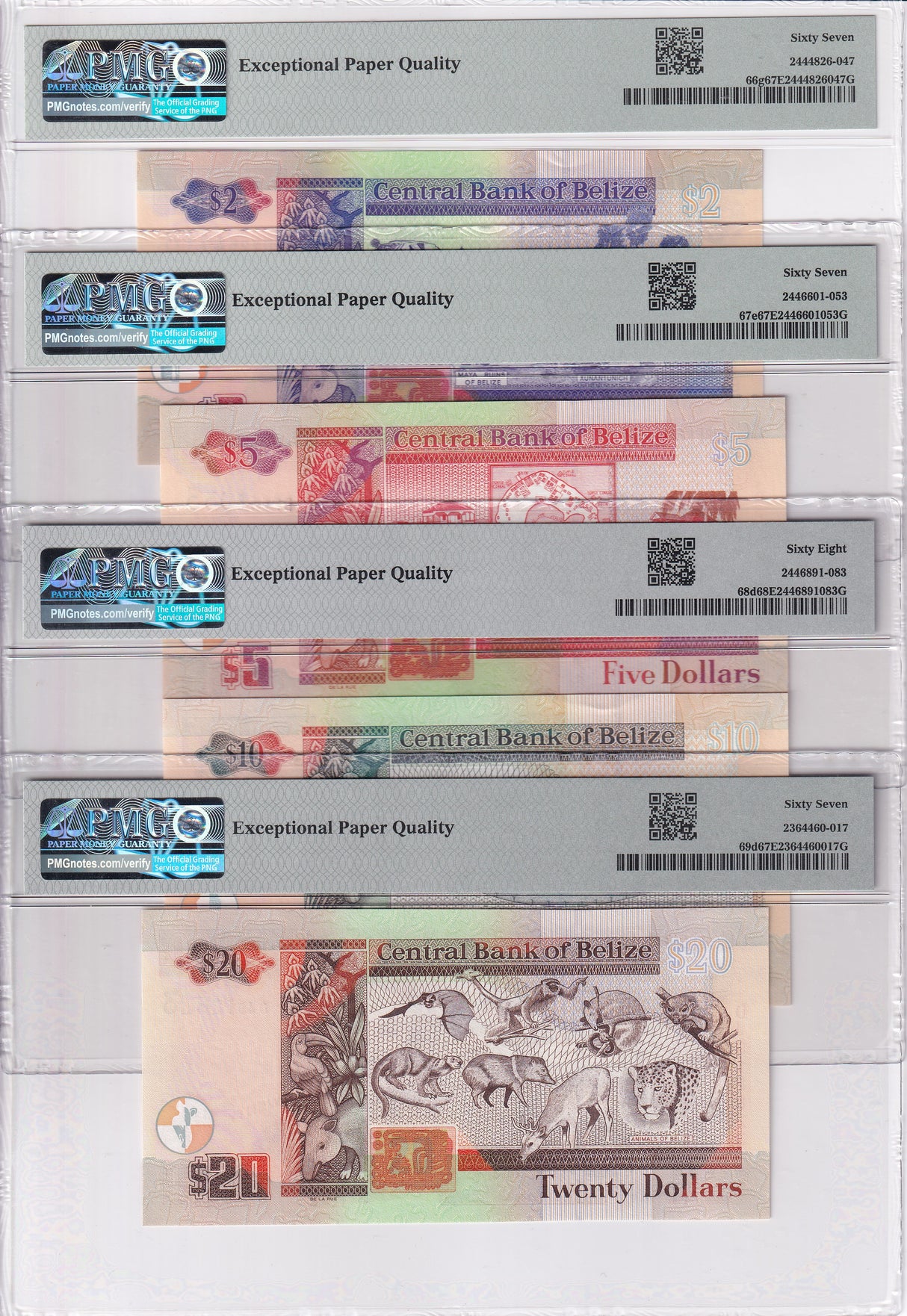 Belize Set 4; 2 5 10 20 Dollars 2010-2021 P 66-P 69 Superb Gem UNC PMG 67 68 EPQ