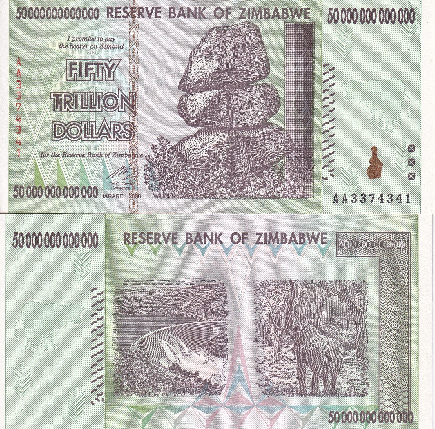 Zimbabwe 50 Trillion Dollars 2008 P 90 AUnc