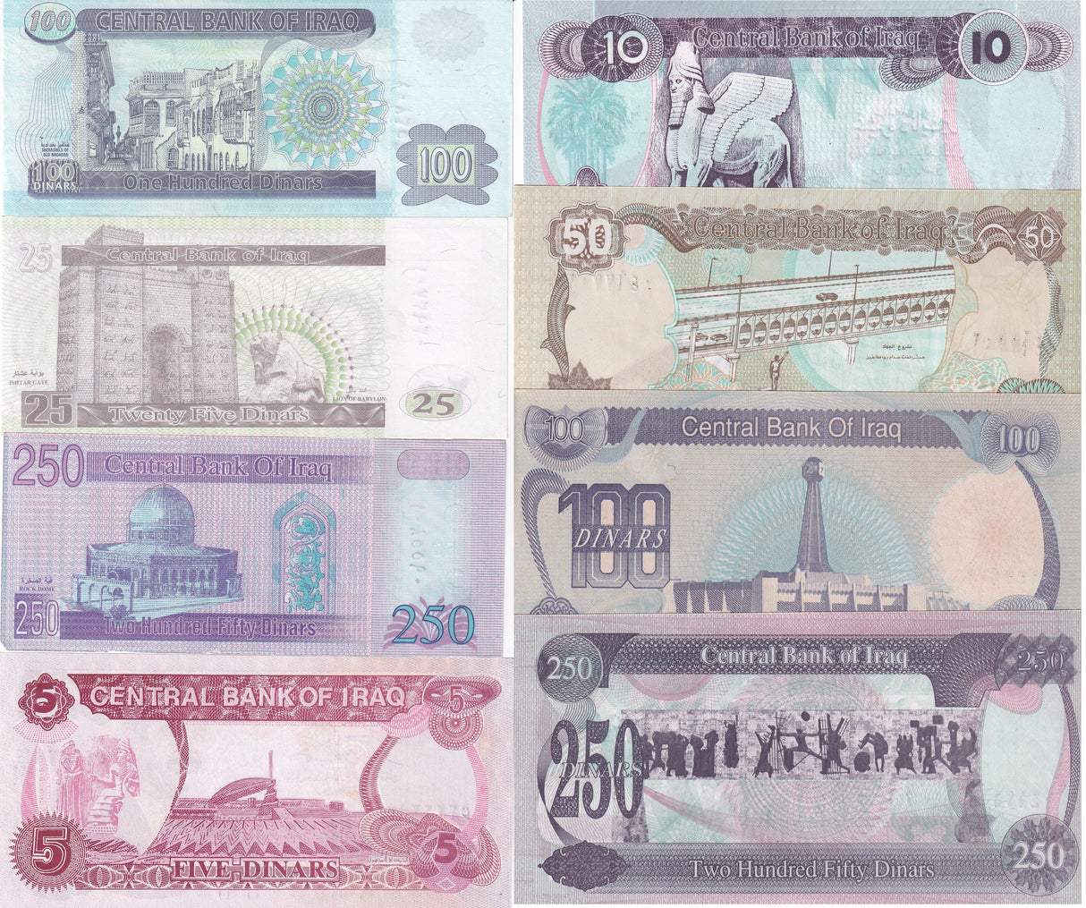 Iraq set 8 AU-UNC 5 10 25 50 100 250 Dinars ND 1992-2001 P 80 81 83 (84 FOXING) 85 86 87 88 SADDAM