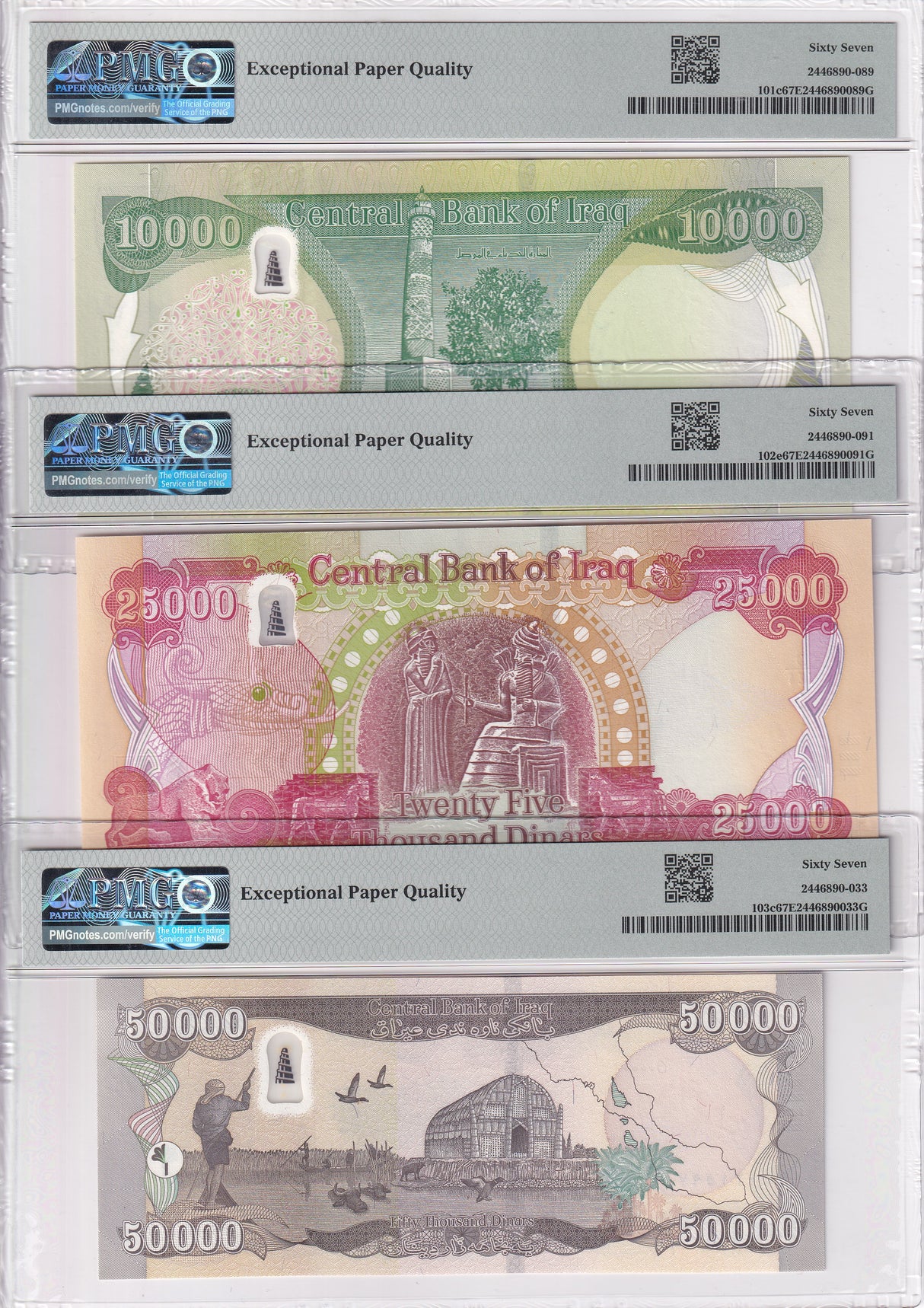 Iraq Set 3; 10000 25000 50000 Dinars 2018-21 P 101 102 103 Superb Gem UNC PMG 67 EPQ