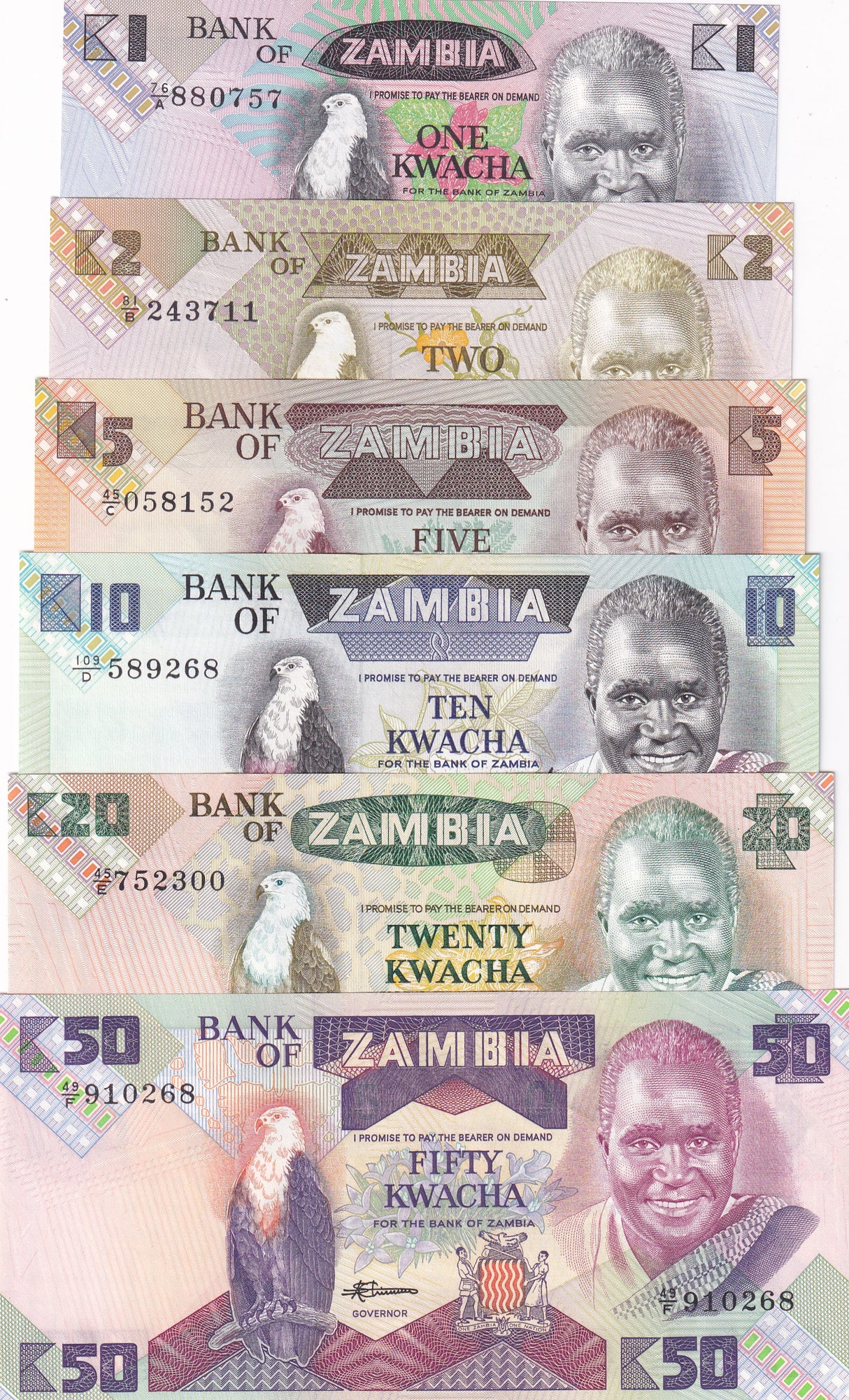Zambia Set 6 Pcs 1 2 5 10 20 50 Kwacha ND 1980 P 23 24 25 26 27 28 UNC