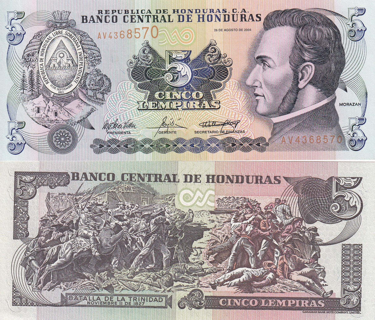 HONDURAS 5 LEMPIRAS 2004 P 85 d UNC
