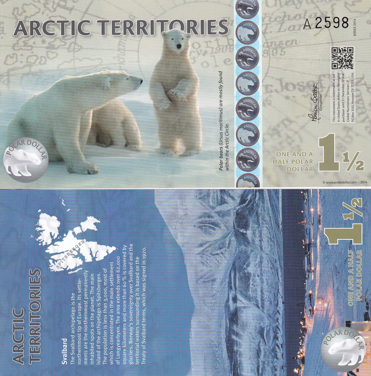 ARCTIC TERRITORIES 1.5, 1 1/2 DOLLARS 2014 POLYMER POLAR BEARS UNC