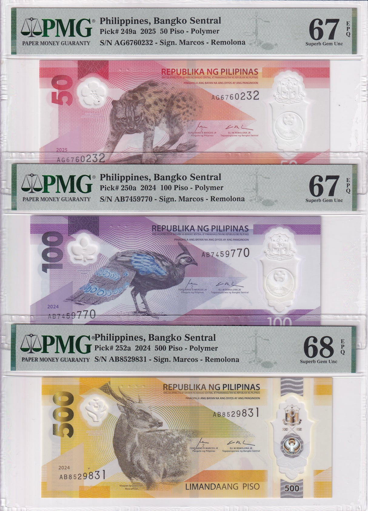 Philippines Set 3; 50 100 500 Piso 2025 P 249-252 Superb Gem UNC PMG 67 68 EPQ