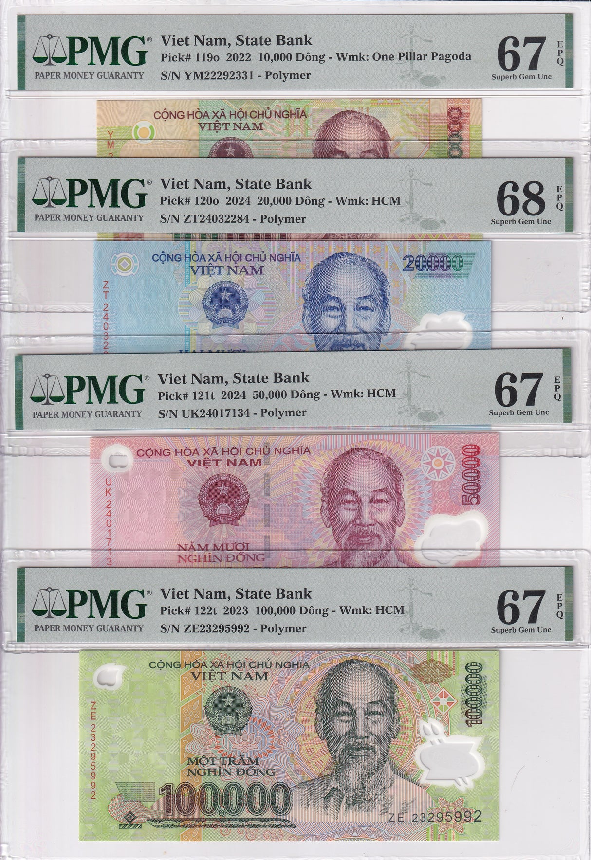 Vietnam Set 4; 10000-100000 Dong 2022-24 P119-P 122 Superb Gem UNC PMG 67 68 EPQ
