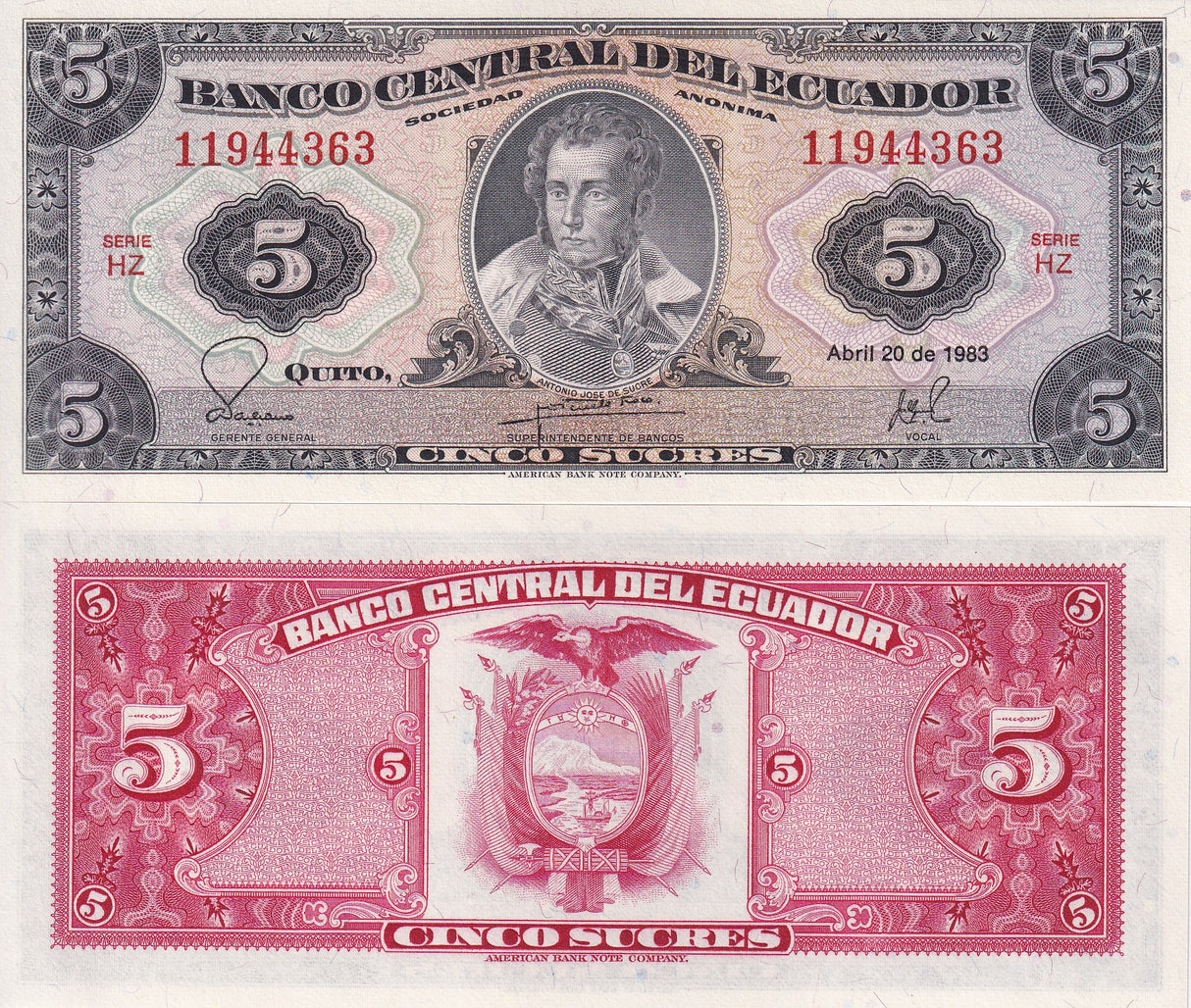Ecuador 5 Sucres 1983 P 108 UNC