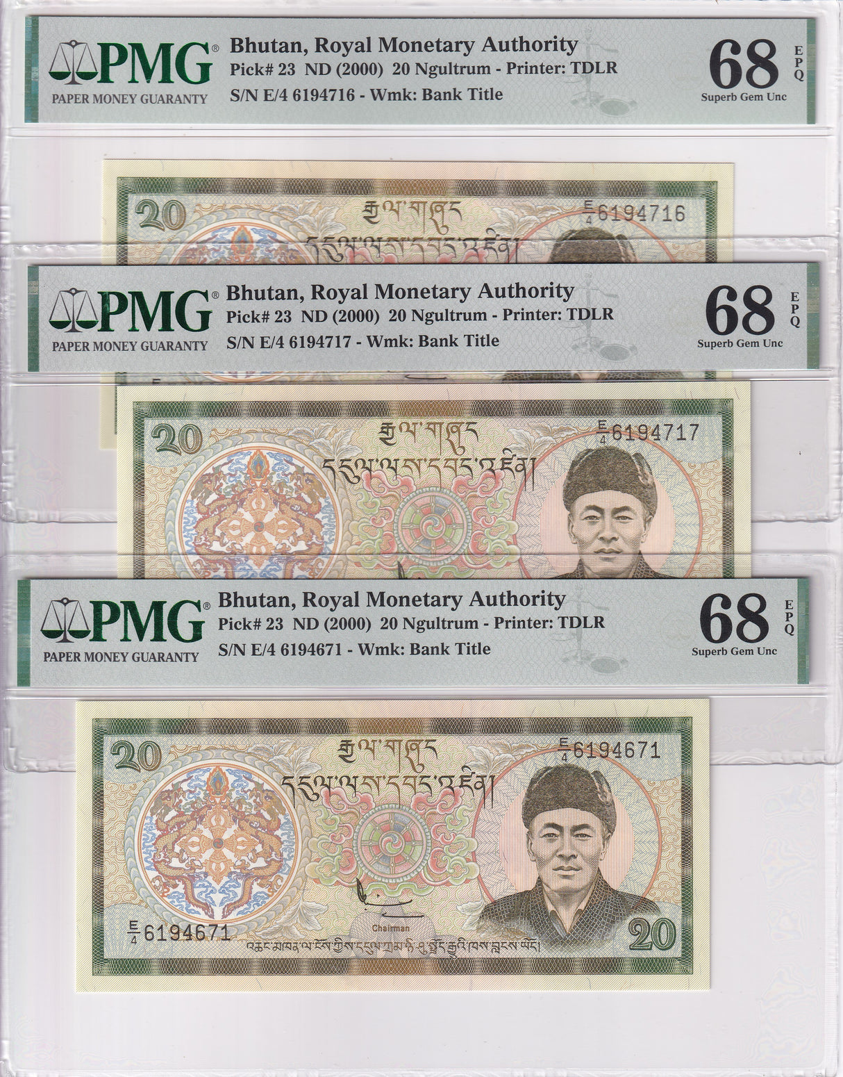 Bhutan LOT 3; 20 Ngultrum ND 2000 P 23 Superb Gem UNC PMG 68 EPQ