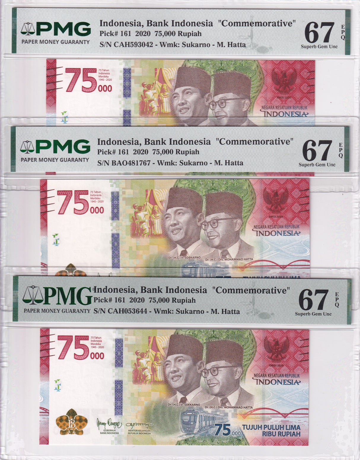 Indonesia Lot 3, 75000 Rupiah 2020 75th Commemorative P 161 Superb Gem UNC PMG 67 EPQ