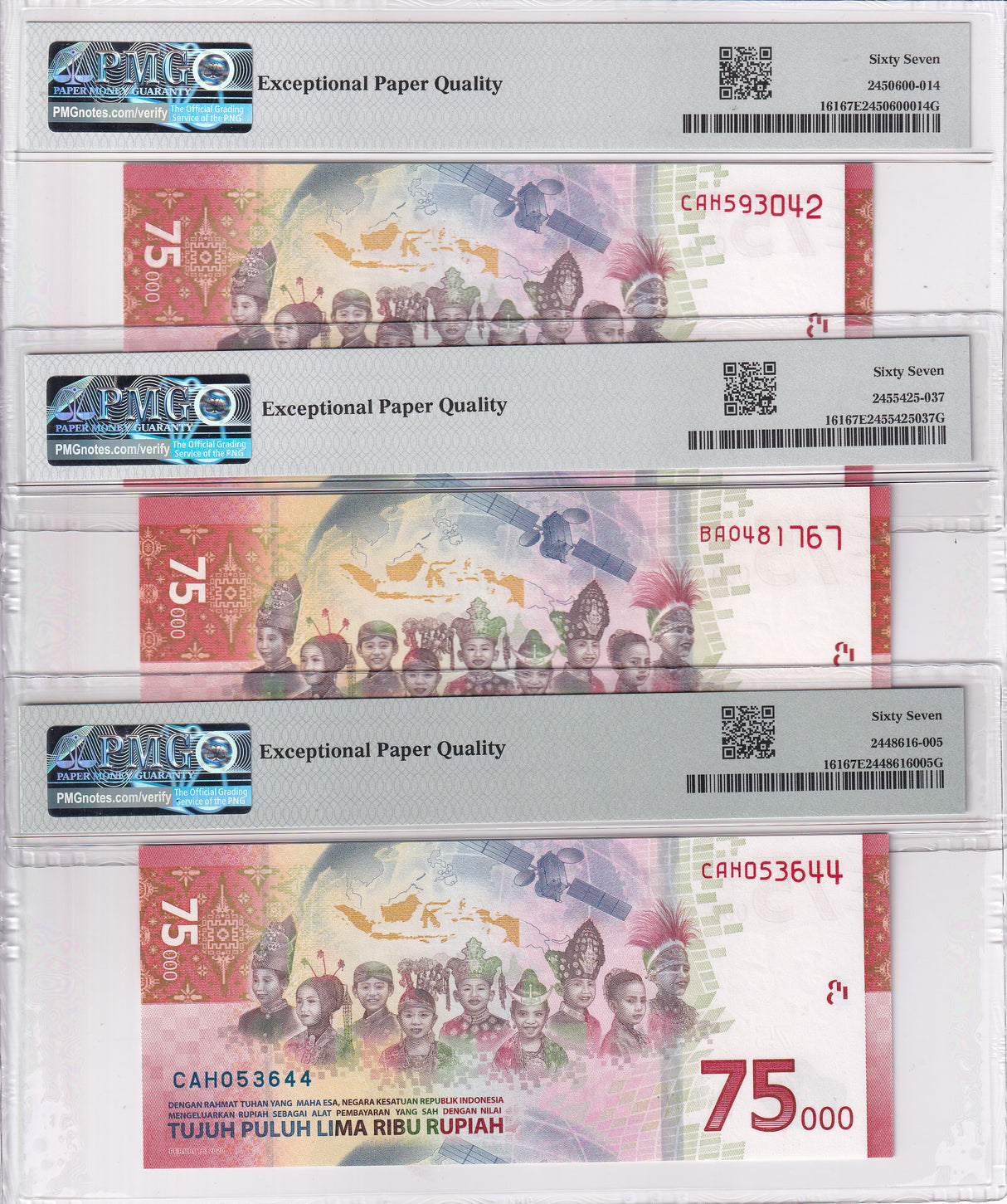 Indonesia Lot 3, 75000 Rupiah 2020 75th Commemorative P 161 Superb Gem UNC PMG 67 EPQ
