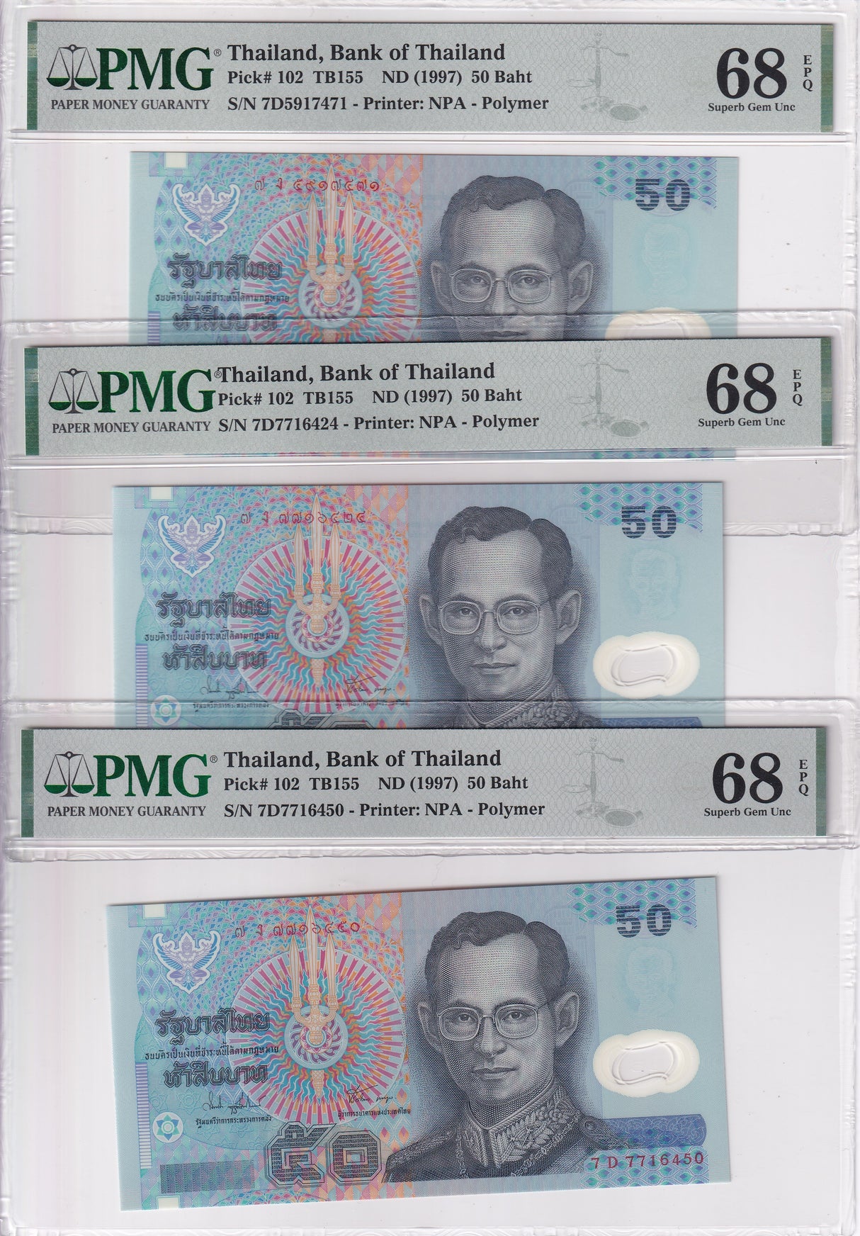 Thailand LOT 3; 50 Baht ND 1997 Polymer P 102 Superb Gem UNC PMG 68 EPQ