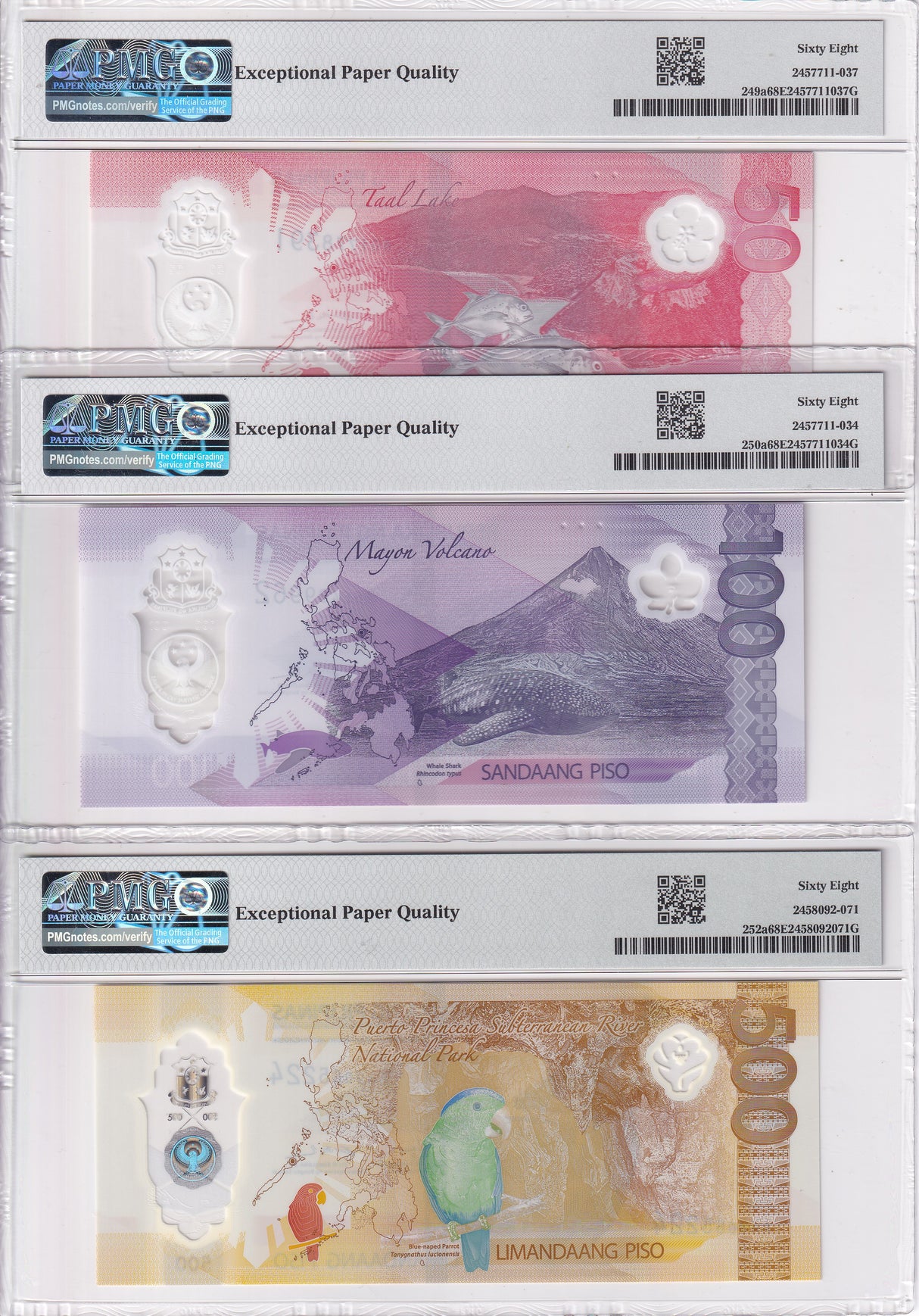 Philippines Set 3; 50 100 500 Piso 2025 P 249 250 252 Superb Gem UNC PMG 68 EPQ
