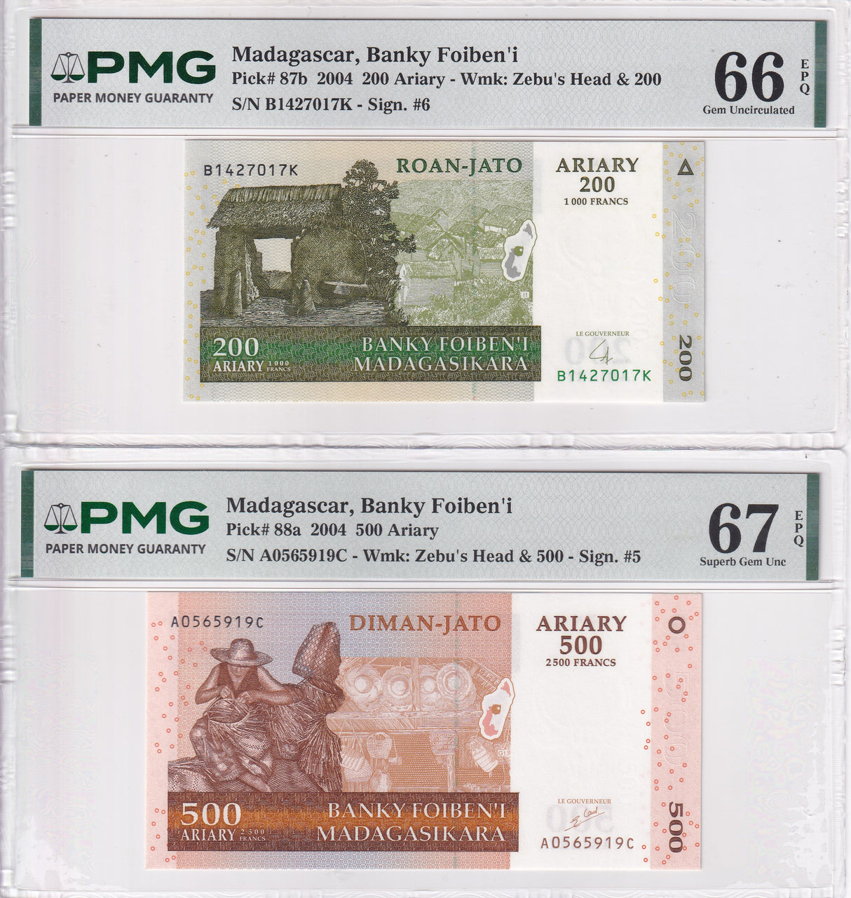 Madagascar Set 2; 200 500 Ariary 2004 P 87 P 88 Superb Gem UNC PMG 66 67 EPQ