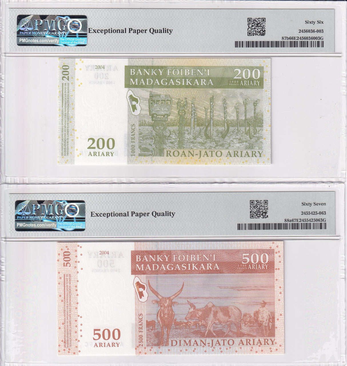 Madagascar Set 2; 200 500 Ariary 2004 P 87 P 88 Superb Gem UNC PMG 66 67 EPQ