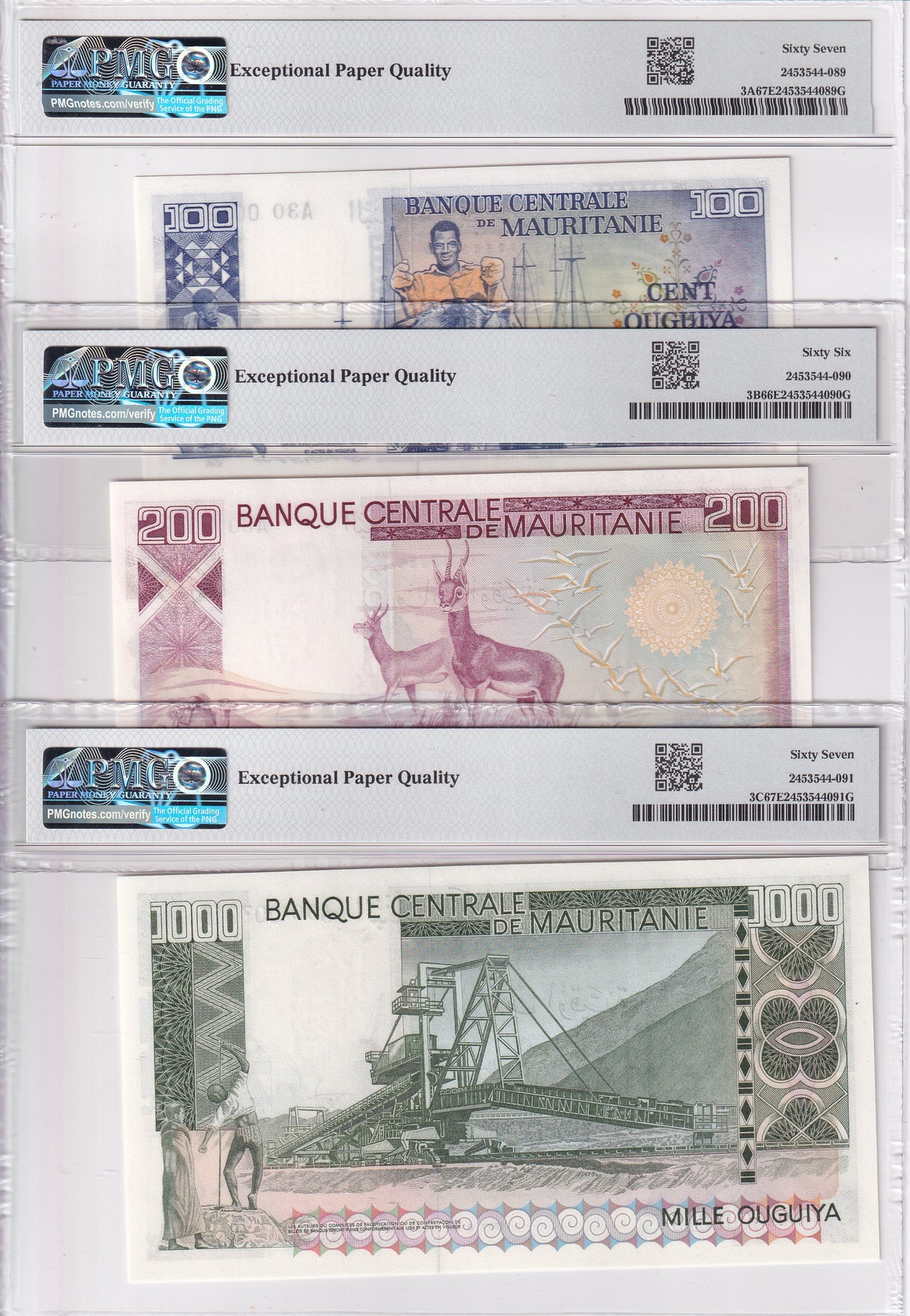 Mauritania SET 3 100 200 1000 Oug 1975-77 P 3A 3B 3C Superb UNC PMG 66 67 EPQ