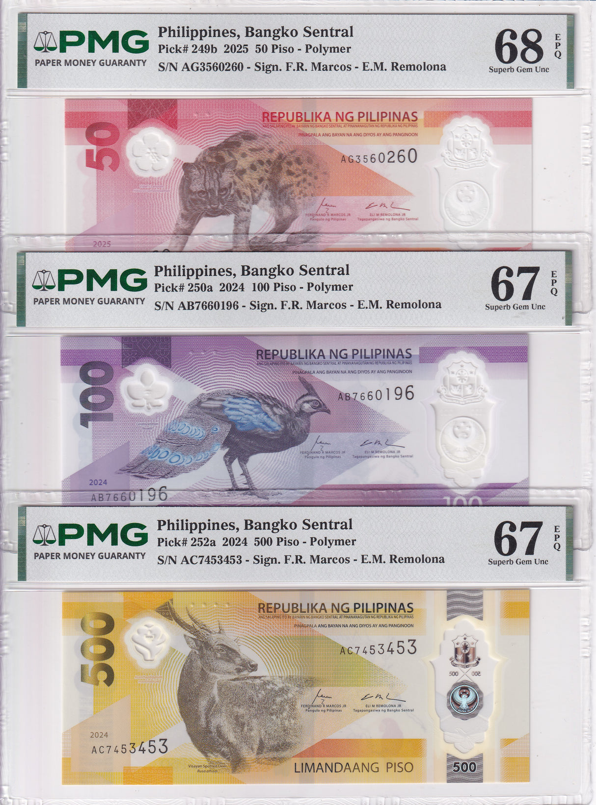 Philippines Set 3; 50 100 500 Piso 2025 P 249 -252 Superb Gem UNC PMG 67 68 EPQ