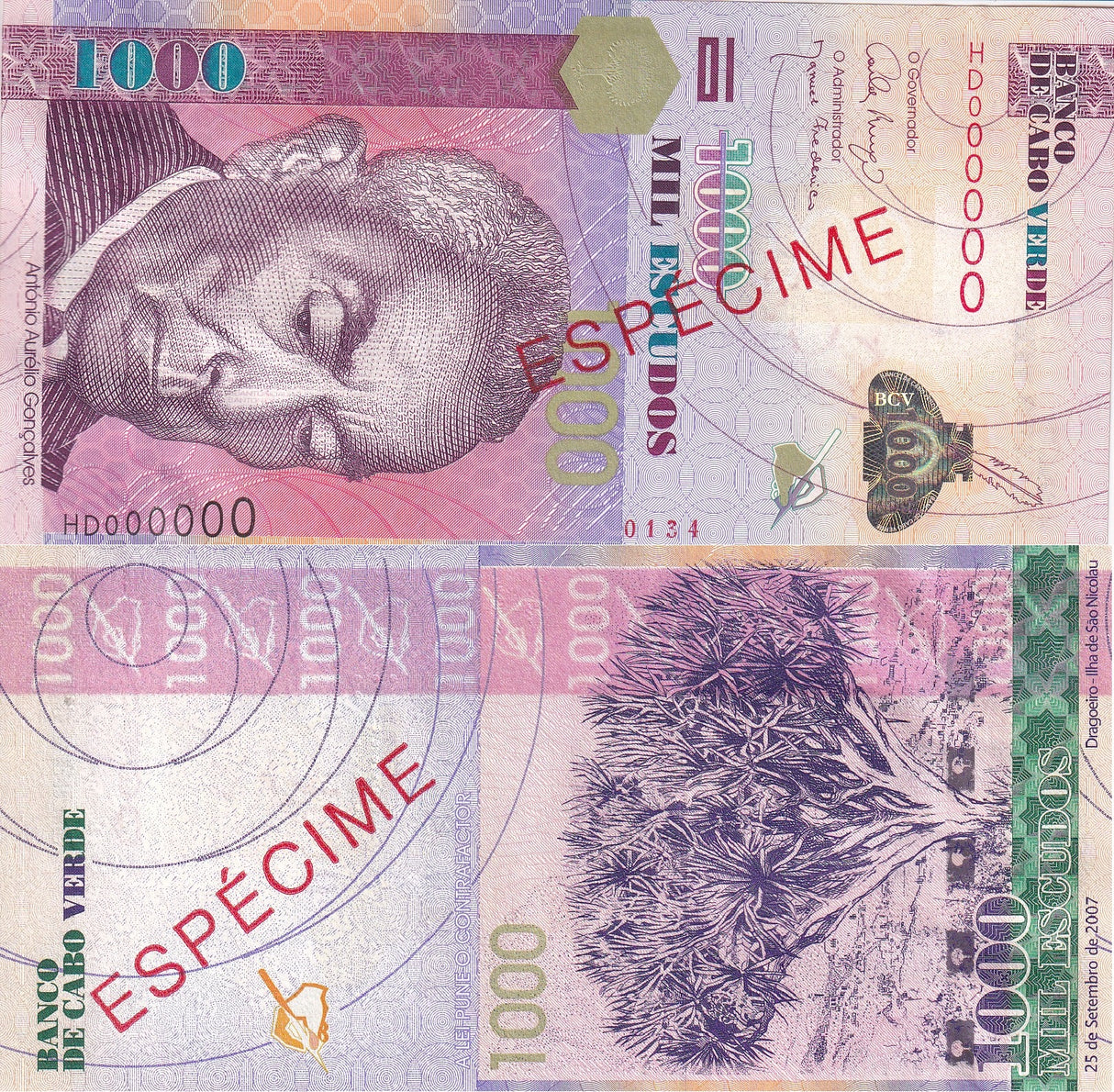 CAPE VERDE 1000 ESCUDOS 2007 P 70 SPECIMEN UNC
