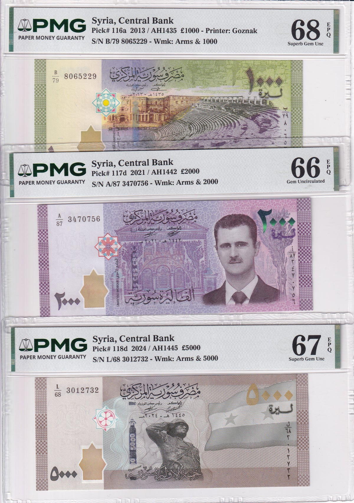 Mediterranean set 3, 1000 2000 5000 Pounds Mediteranean P 116 117 118 Superb Gem PMG 66 67 68 EPQ