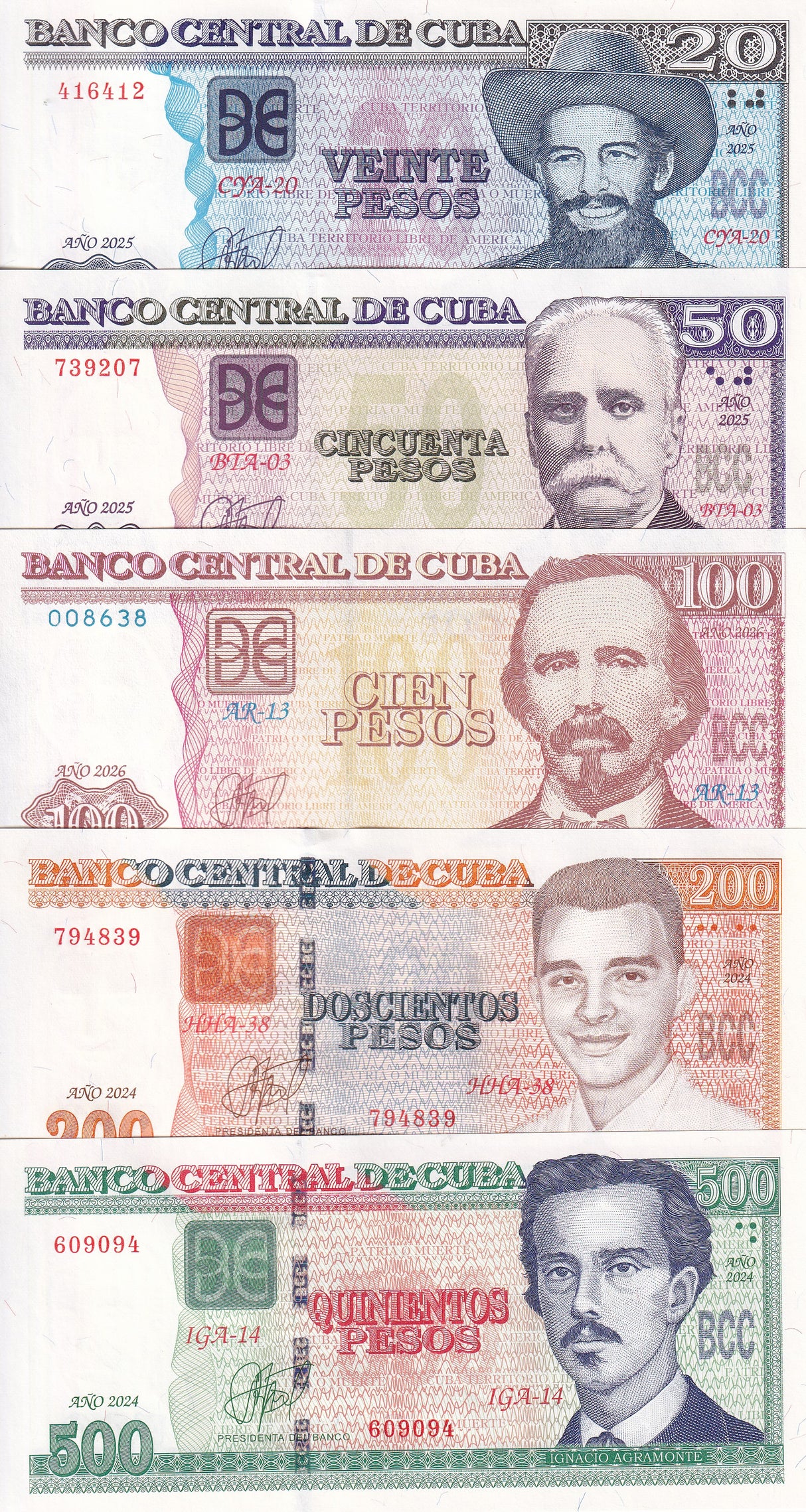 Central America SET 5 UNC 20 500 100 200 500 Pesos 2024-2026 P 127 128 -131