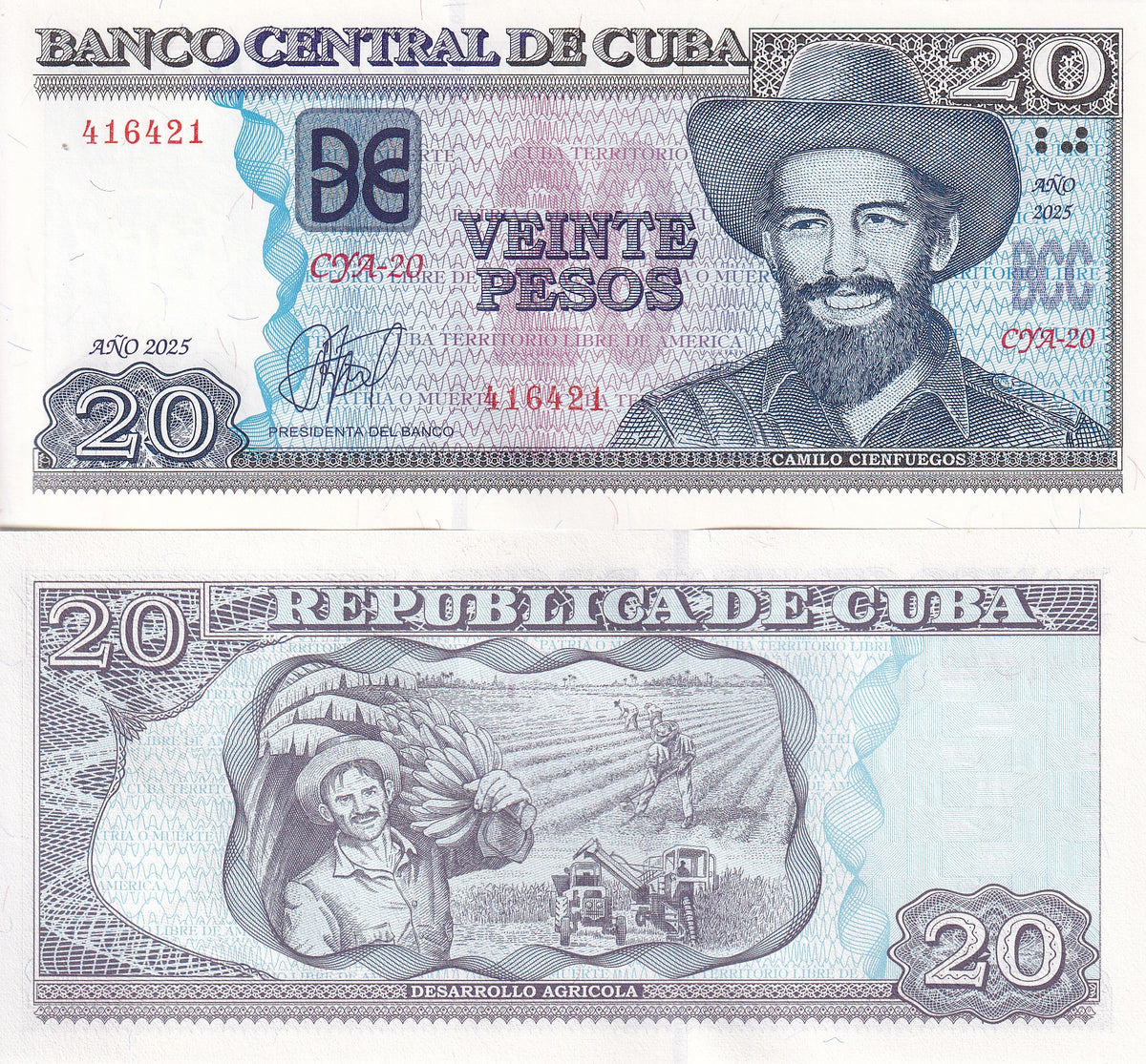 Central America 20 Pesos 2025 P 122 UNC ,Banana harvest, Camilo Cienfuegos