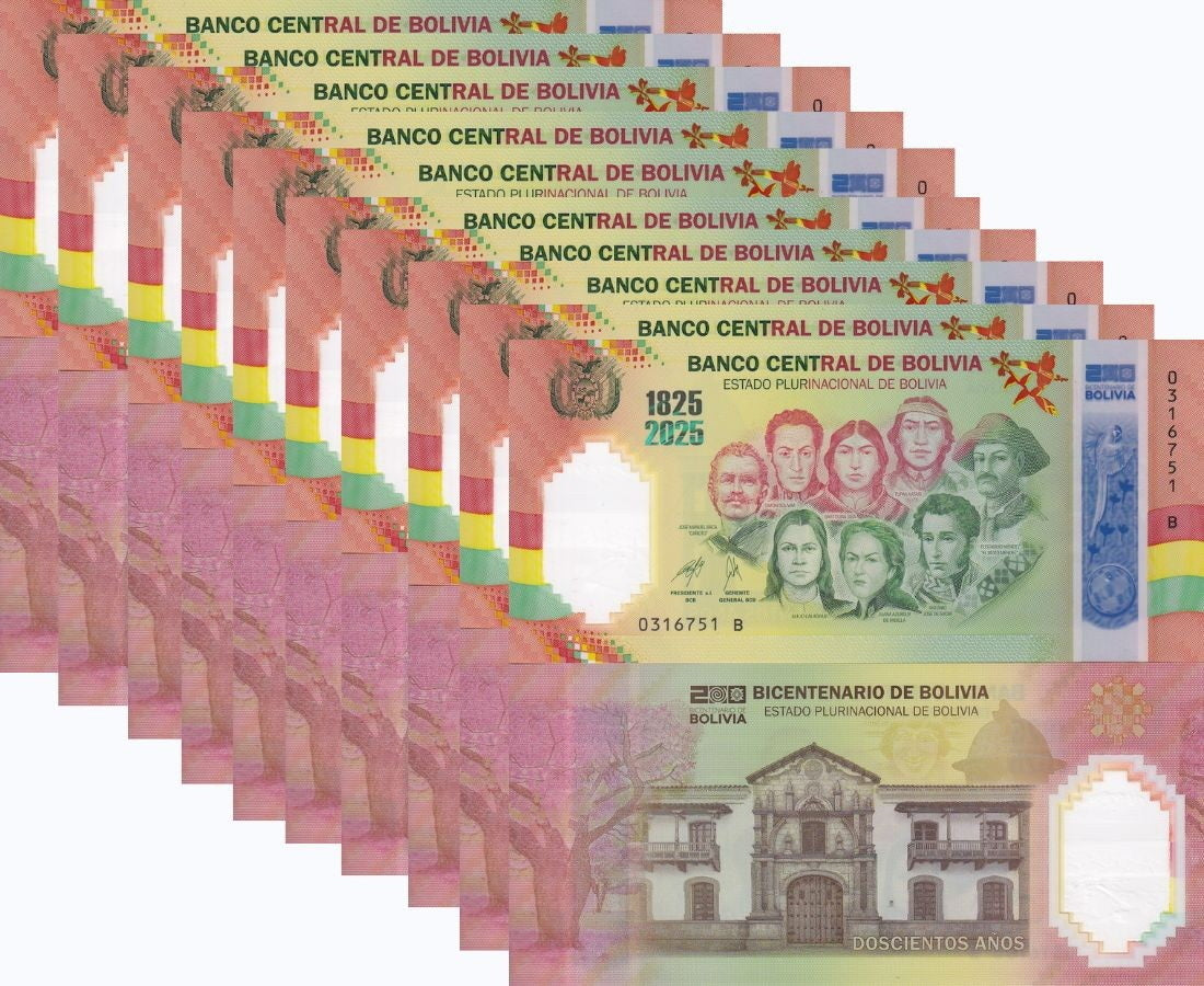 Bolivia 200 Anniversary NEW 2025 Commemorative 1825-2025 Polymer LOT 10 UNC