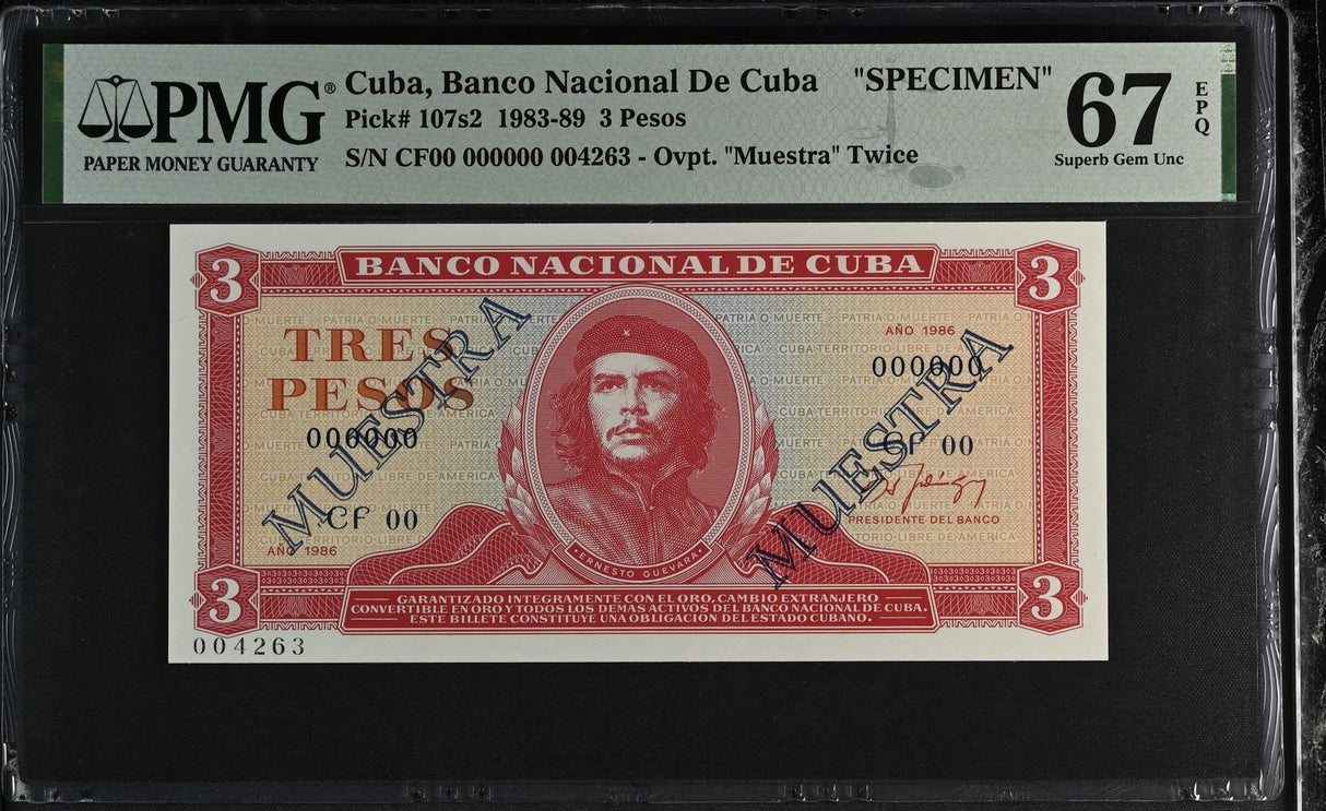 Central America 3 Pesos 1986 P 107s2 Specimen CHE Guevara Superb GEM UNC PMG 67 EPQ