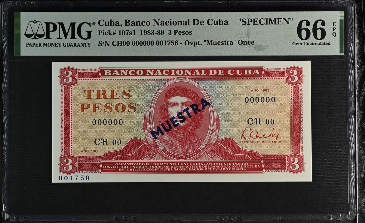 Central America 3 Pesos 1983 P 107s1 Specimen CHE Guevara GEM UNC PMG 66 EPQ