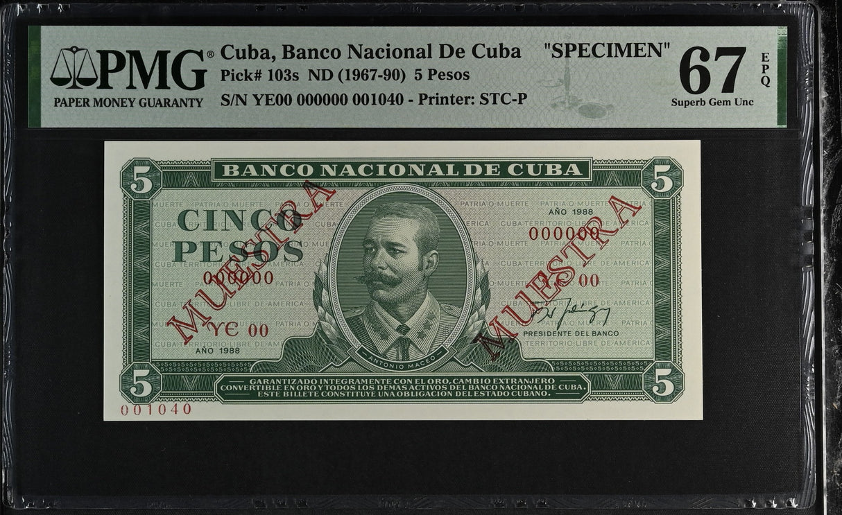 Central America 5 Pesos 1988 P 103 s Specimen Superb GEM UNC PMG 67 EPQ