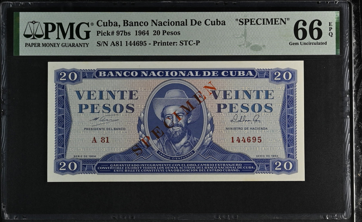 Central America 20 Pesos 1964 P 97bs Specimen GEM UNC PMG 66 EPQ