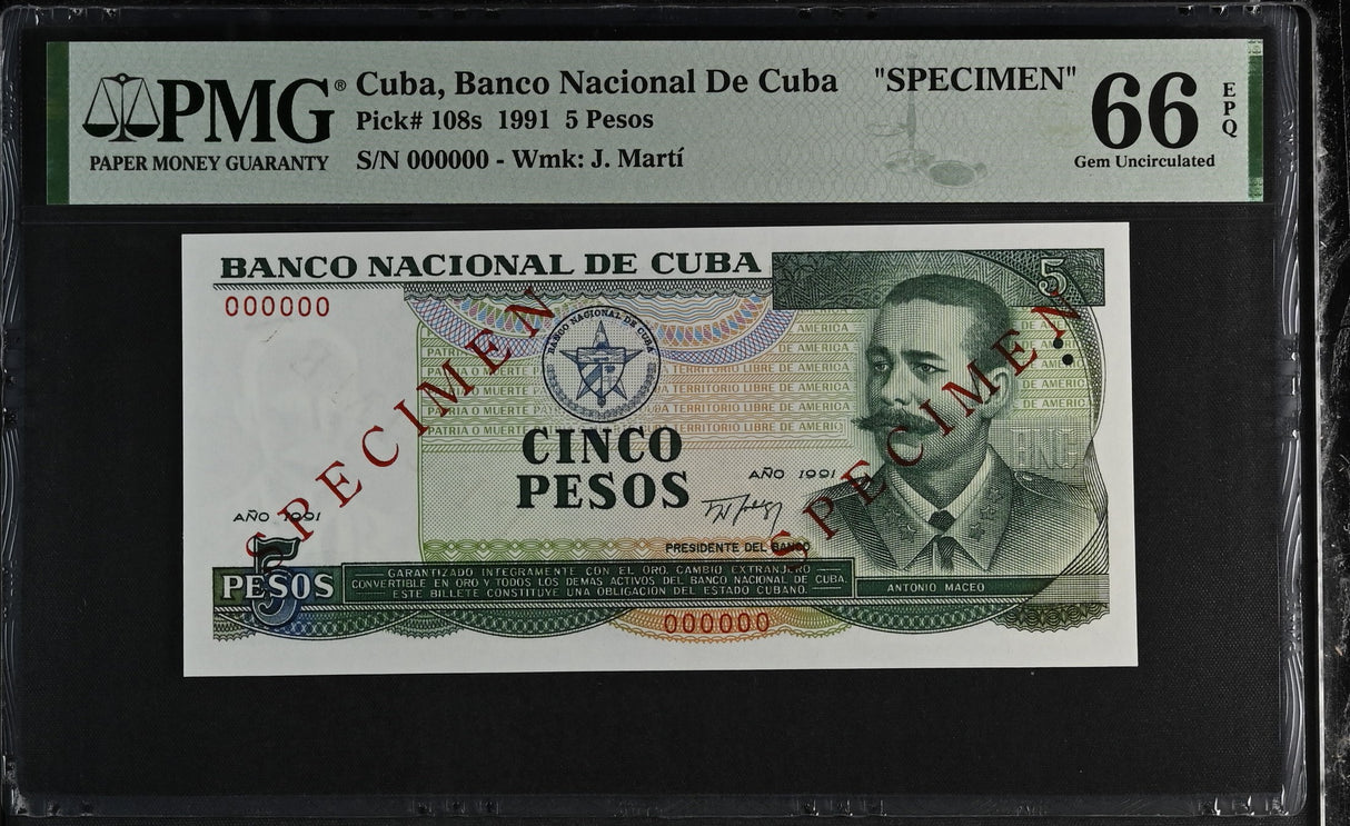 Central America 5 Pesos 1991 P 108 s Specimen GEM UNC PMG 66 EPQ