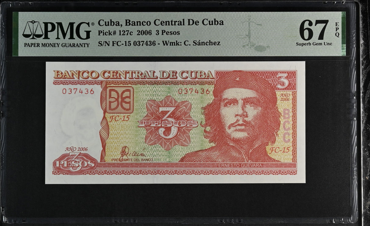 Central America 3 Pesos 2006 P 127 c CHE Guevara Superb GEM PMG 67 EPQ